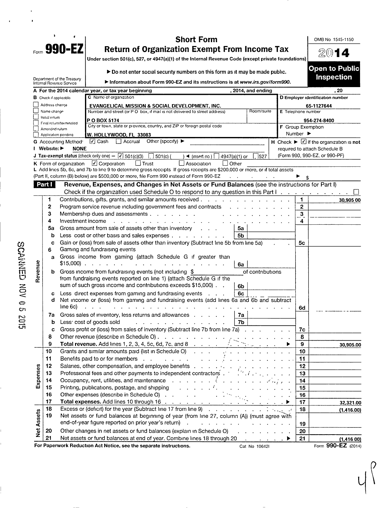 Image of first page of 2014 Form 990EZ for Evangelical Mission and Social Development