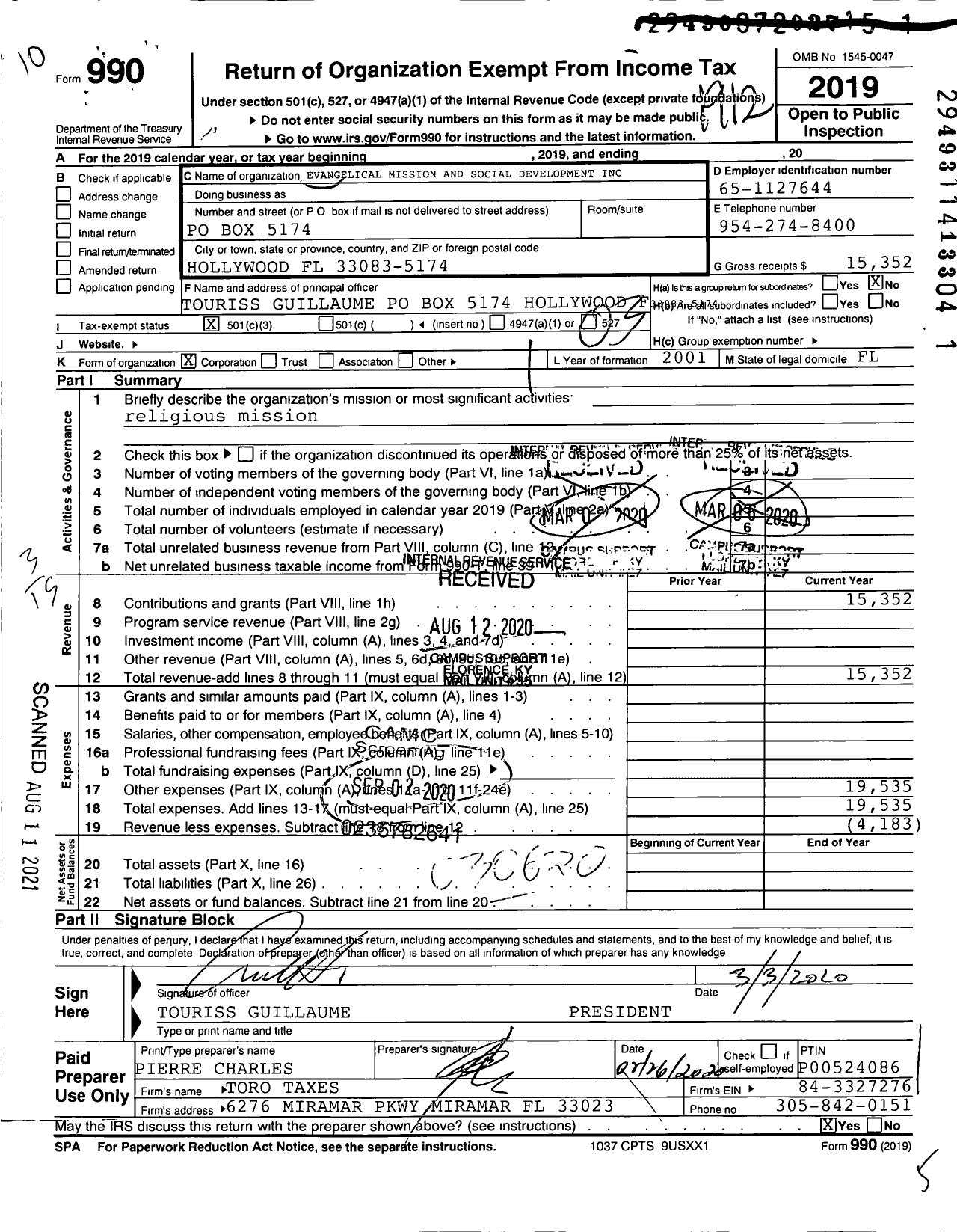 Image of first page of 2019 Form 990 for Evangelical Mission and Social Development