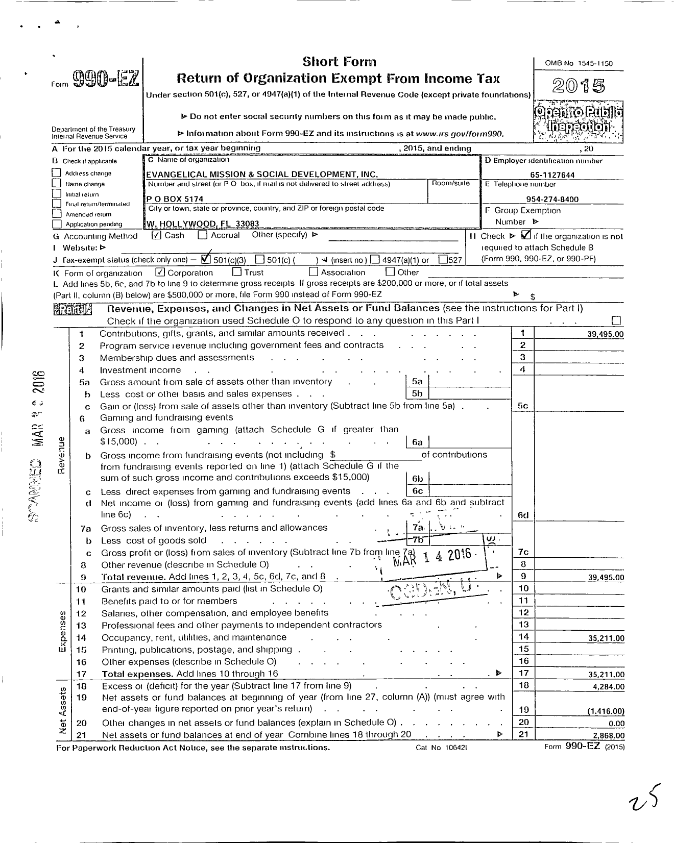 Image of first page of 2015 Form 990EZ for Evangelical Mission and Social Development