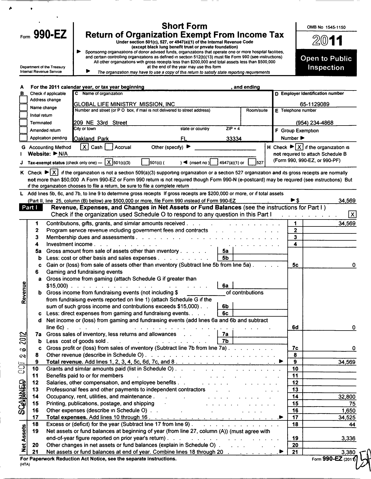 Image of first page of 2011 Form 990EZ for Global Life Ministries Mission