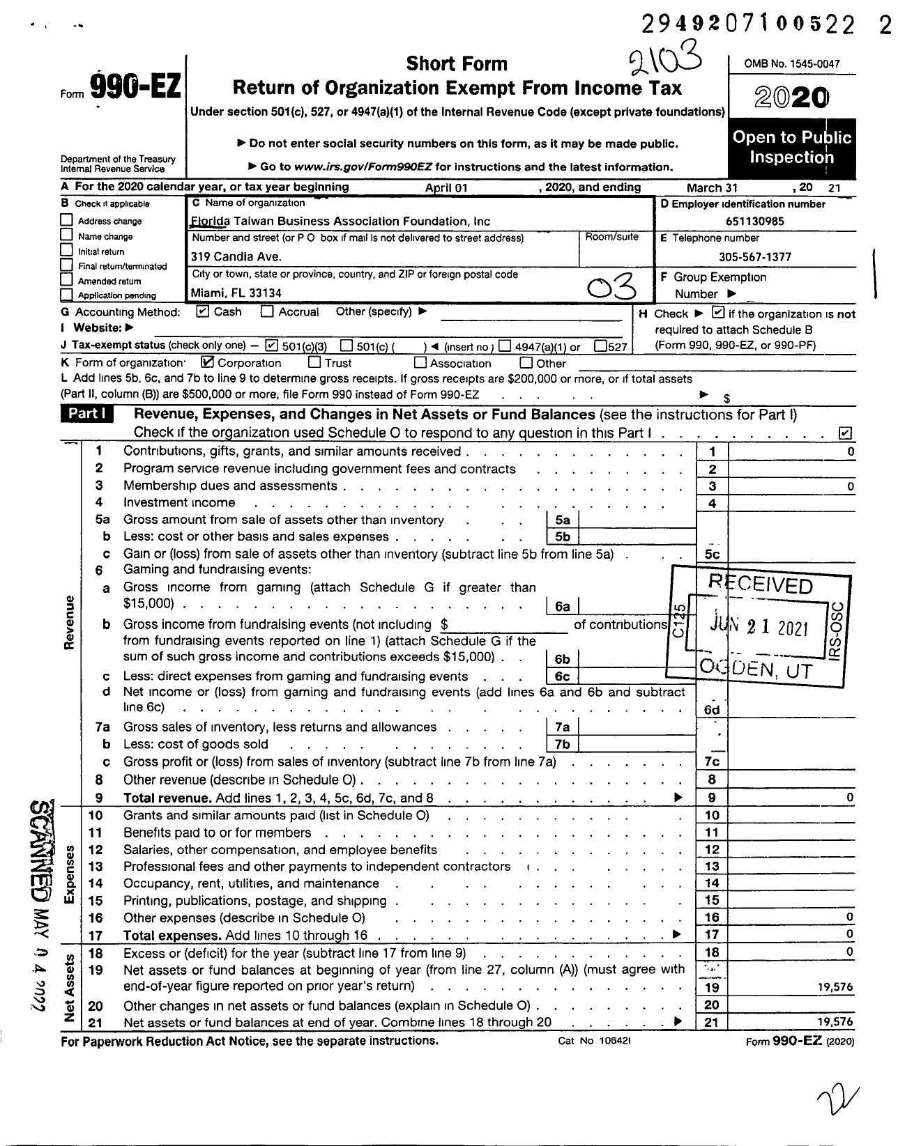 Image of first page of 2020 Form 990EZ for Florida Taiwan Business Association Foundation