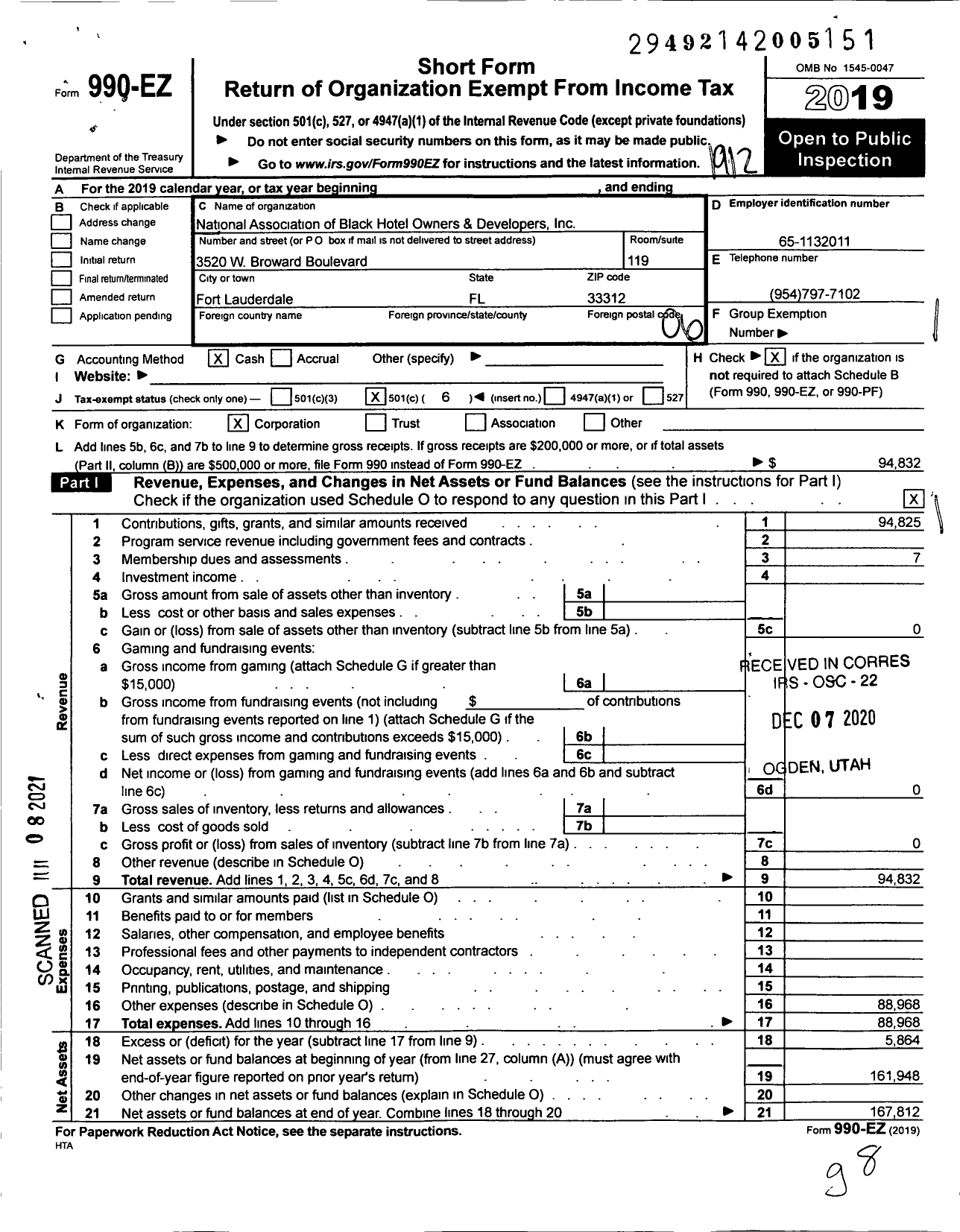 Image of first page of 2019 Form 990EO for National Association of Black Hotel OwnersOperators and Developers