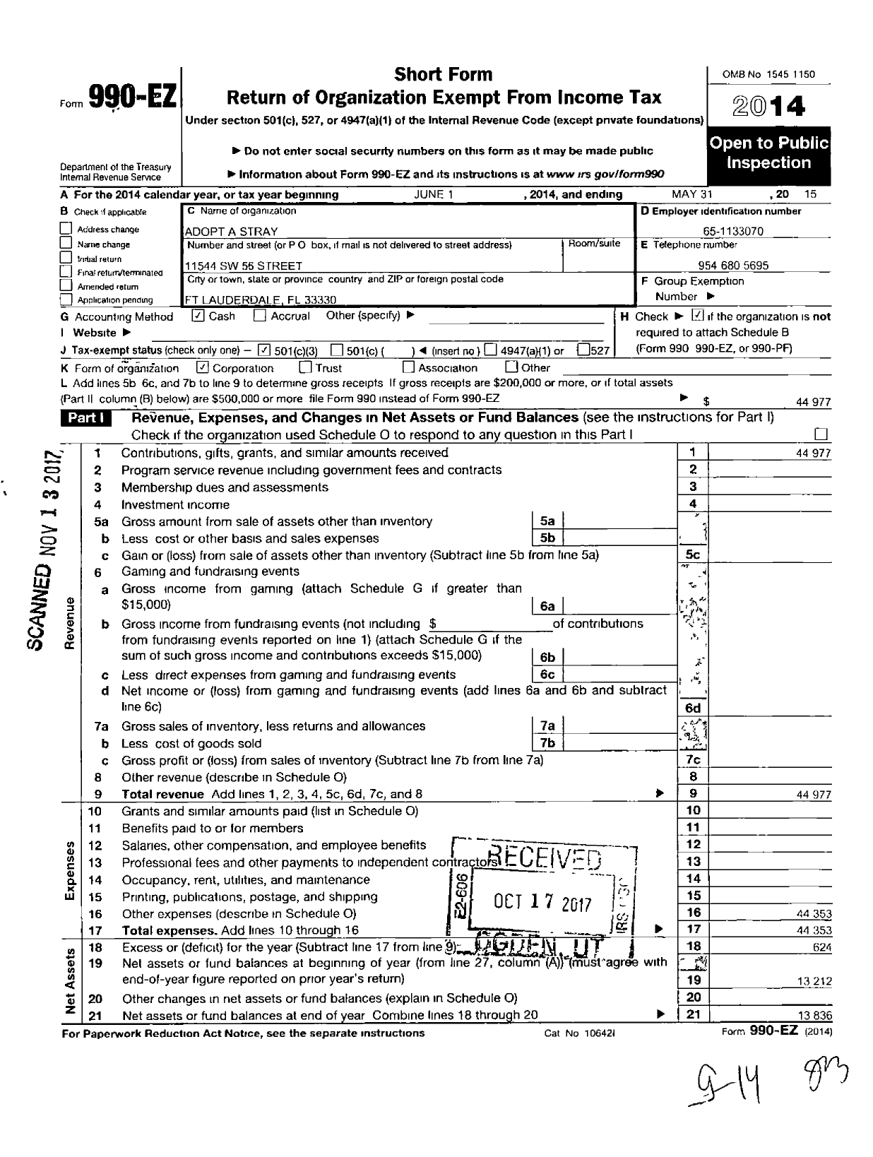 Image of first page of 2014 Form 990EZ for Adopt A Stray