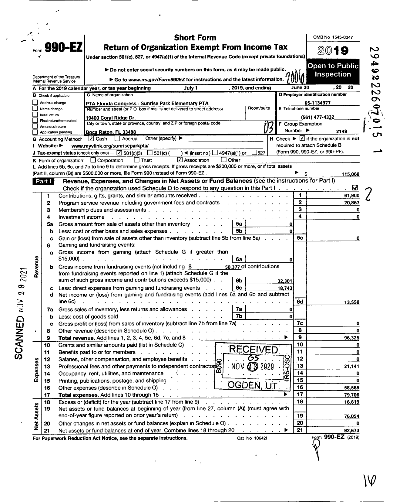 Image of first page of 2019 Form 990EZ for PTA Florida Congress - Sunrise Park Elem PTA