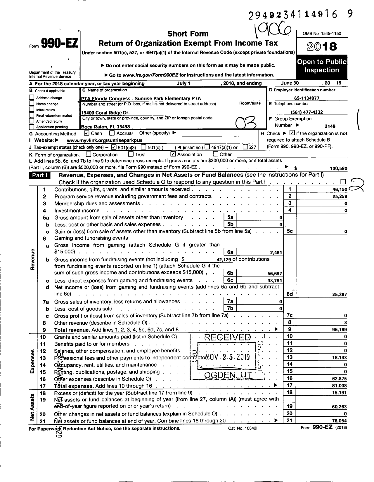 Image of first page of 2018 Form 990EZ for PTA Florida Congress - Sunrise Park Elem PTA