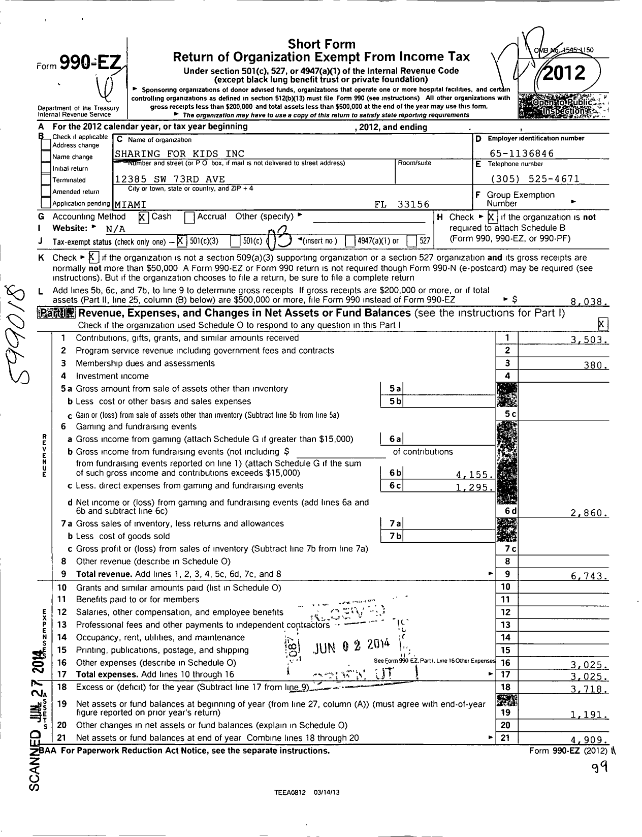 Image of first page of 2012 Form 990EZ for Sharing for Kids