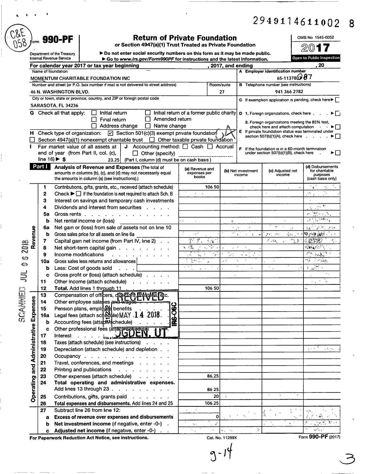 Image of first page of 2017 Form 990PF for Momentum Charitable Foundation