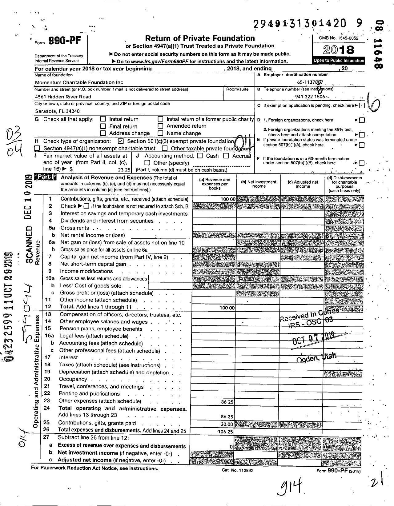 Image of first page of 2018 Form 990PF for Momentum Charitable Foundation