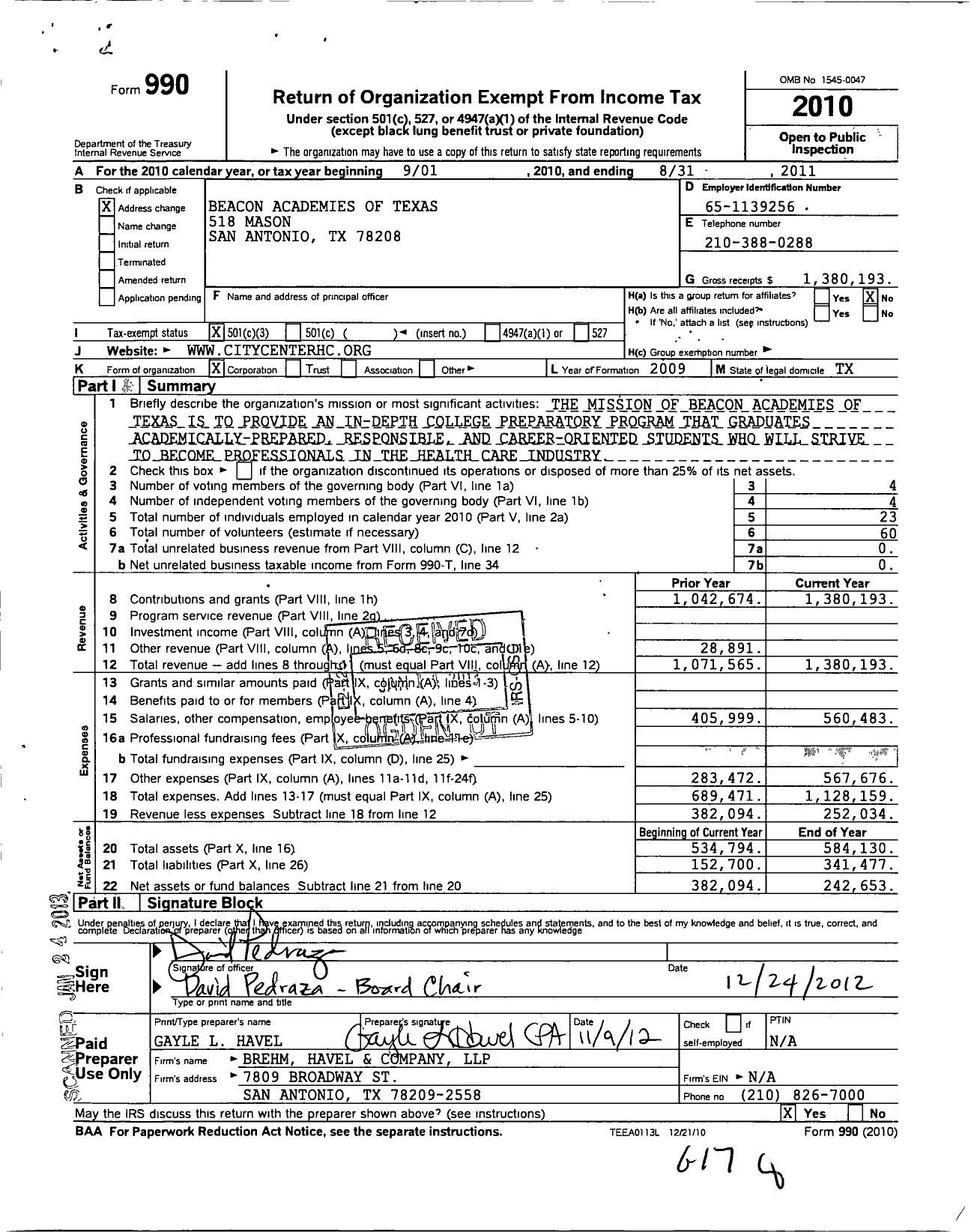 Image of first page of 2010 Form 990 for Beacon Academies of Texas