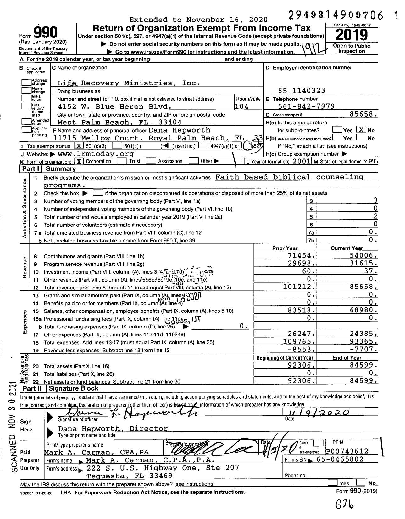 Image of first page of 2019 Form 990 for Life Recovery Ministries