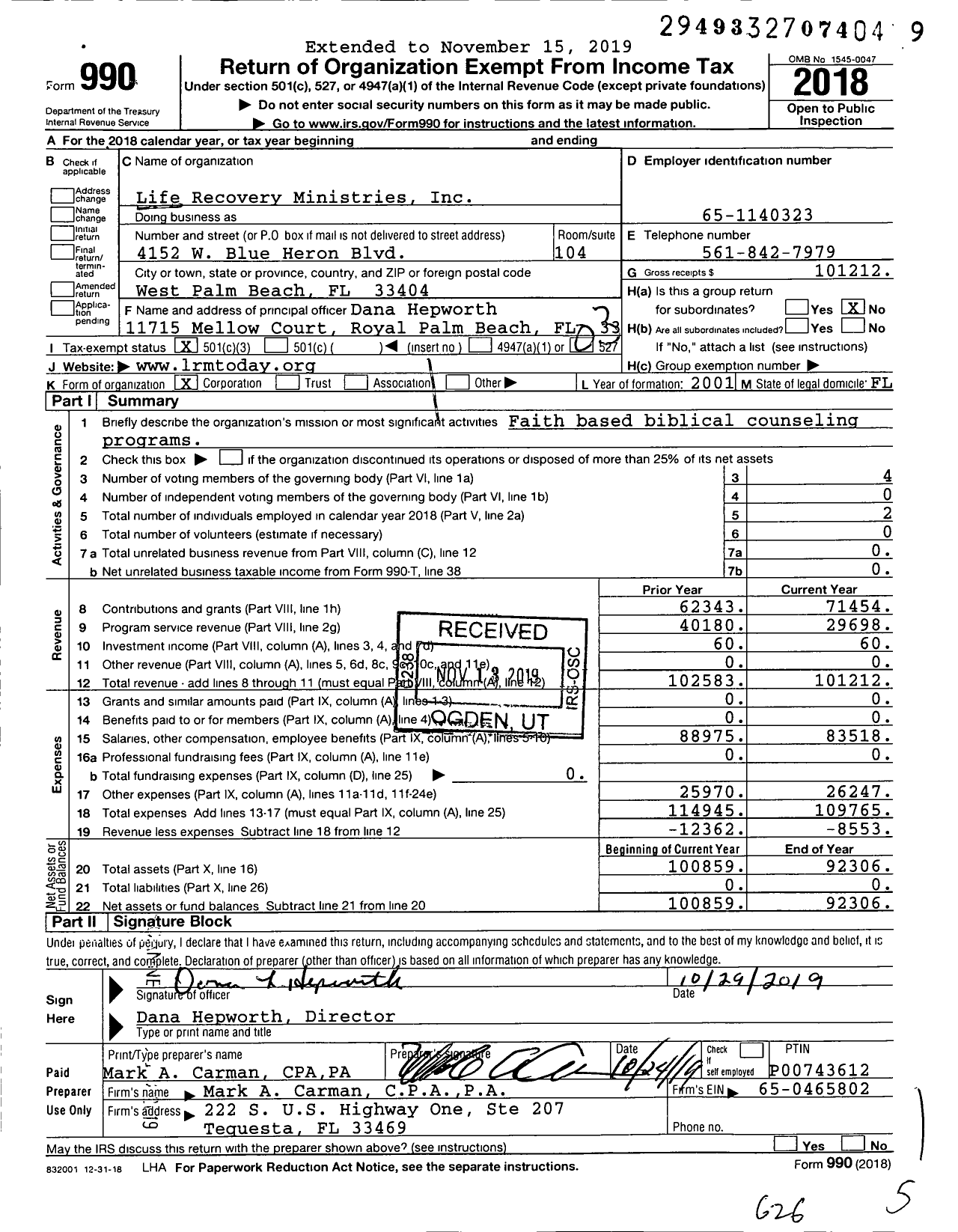 Image of first page of 2018 Form 990 for Life Recovery Ministries