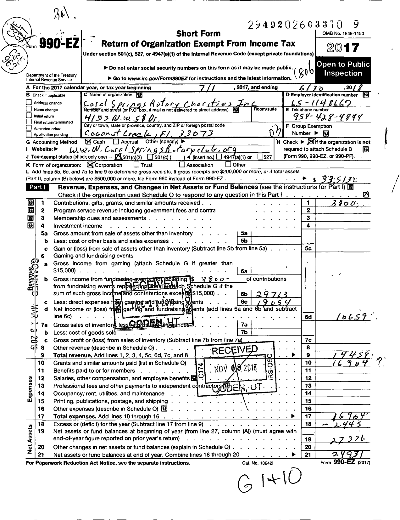 Image of first page of 2017 Form 990EZ for Coral Springs Rotary Charities