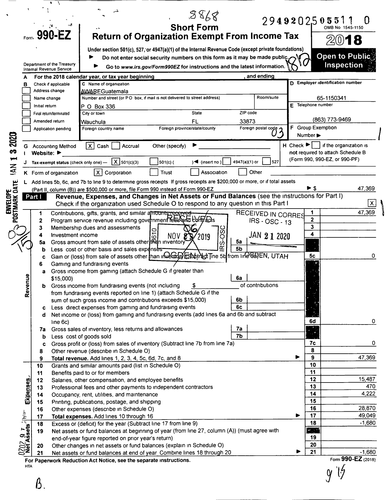 Image of first page of 2018 Form 990EZ for Aware-Guatemala