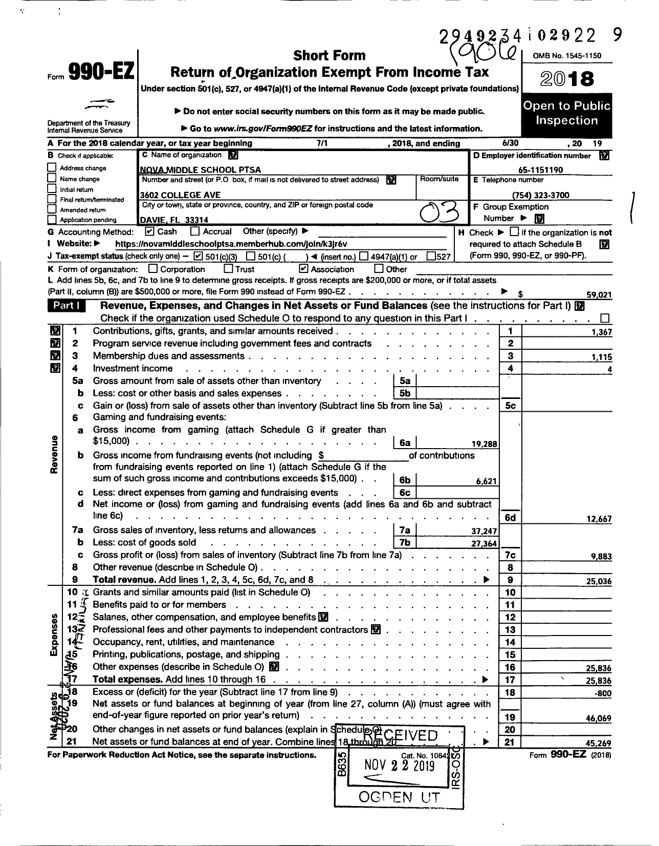 Image of first page of 2018 Form 990EZ for PTA Florida Congress - Nova Middle School Ptsa