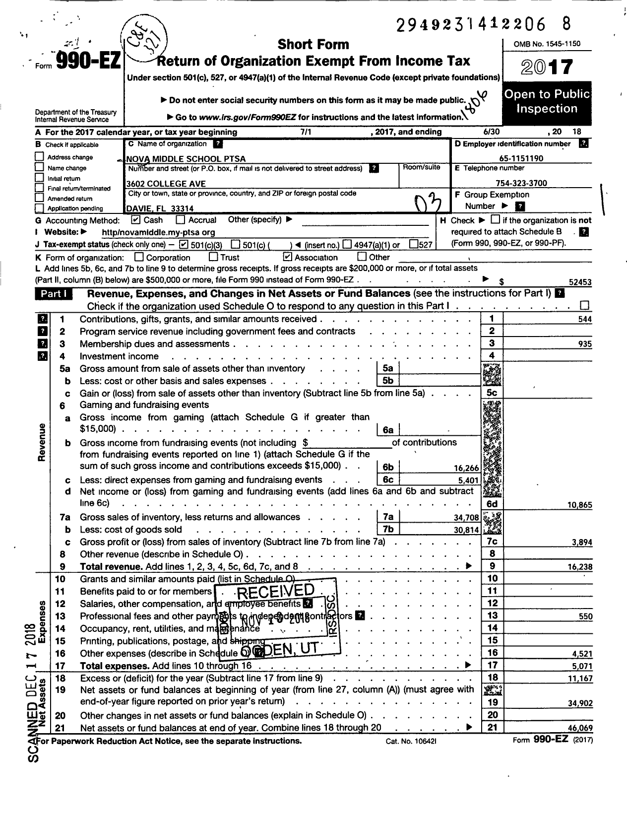 Image of first page of 2017 Form 990EZ for PTA Florida Congress - Nova Middle School Ptsa