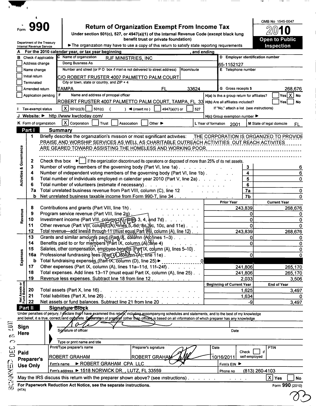 Image of first page of 2010 Form 990 for RJF Ministries