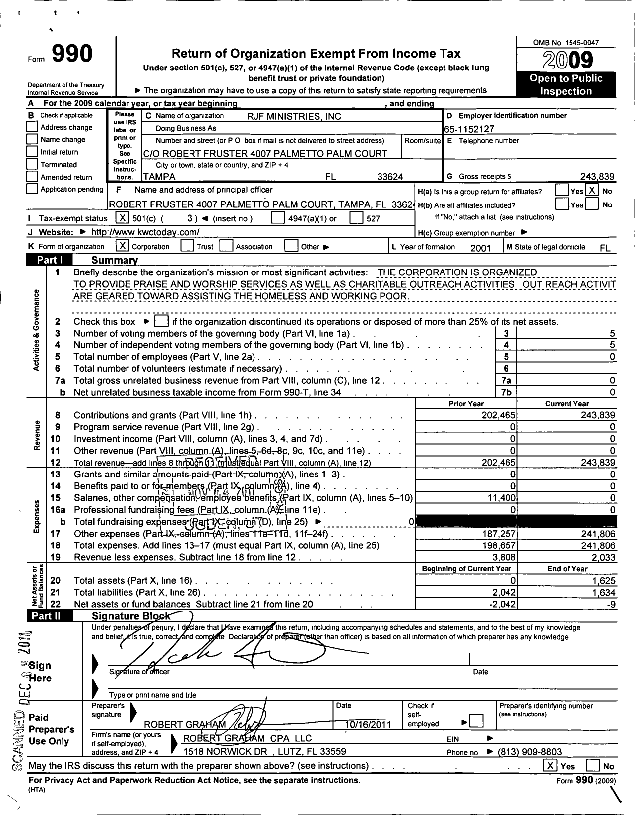 Image of first page of 2009 Form 990 for RJF Ministries