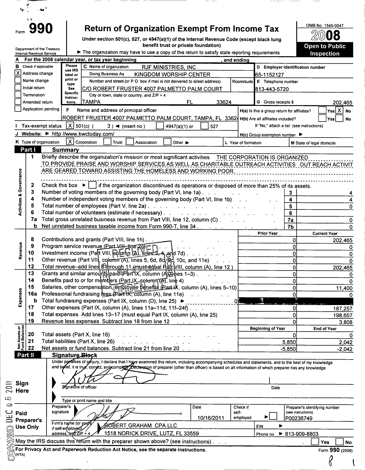 Image of first page of 2008 Form 990 for RJF Ministries