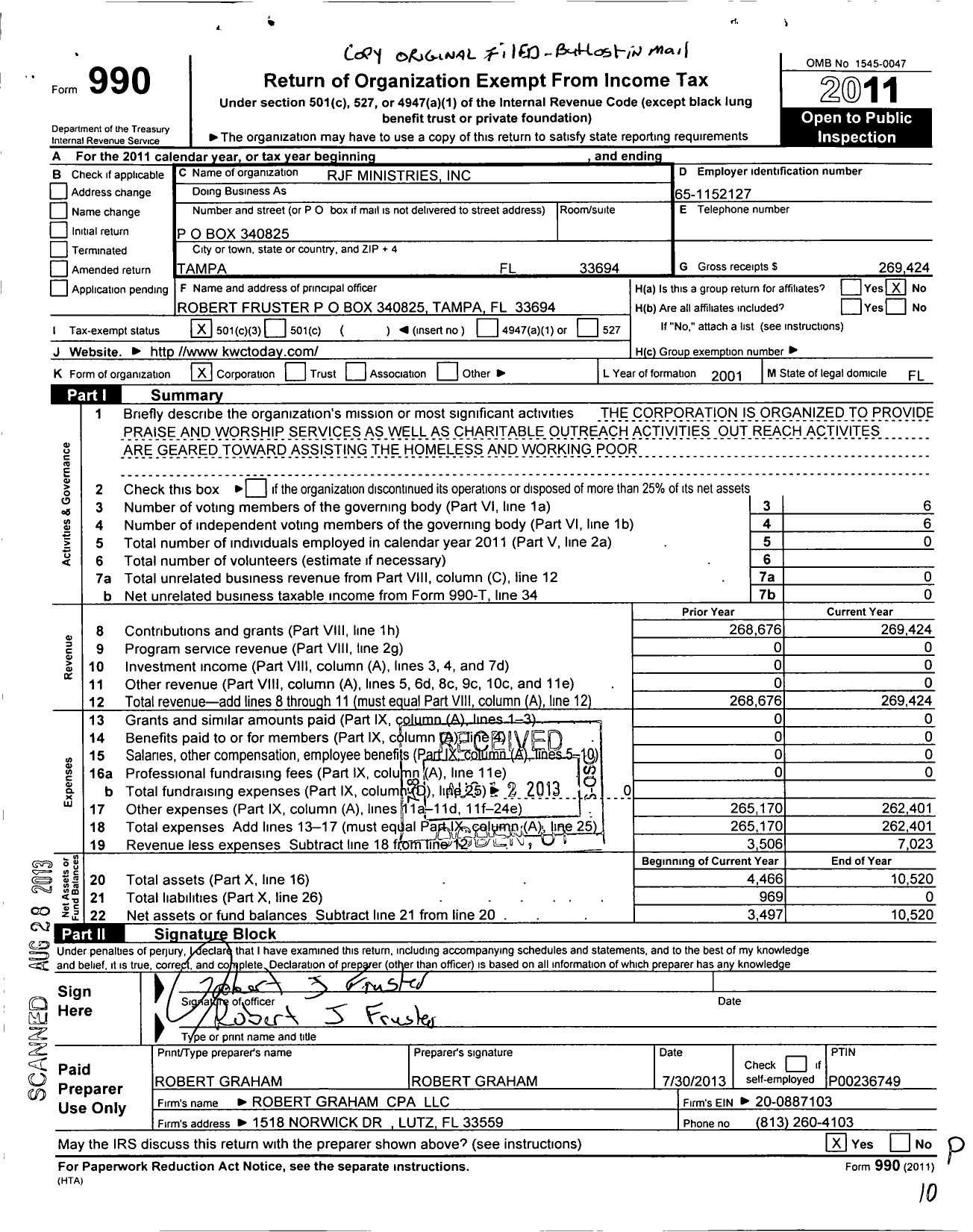 Image of first page of 2011 Form 990 for RJF Ministries