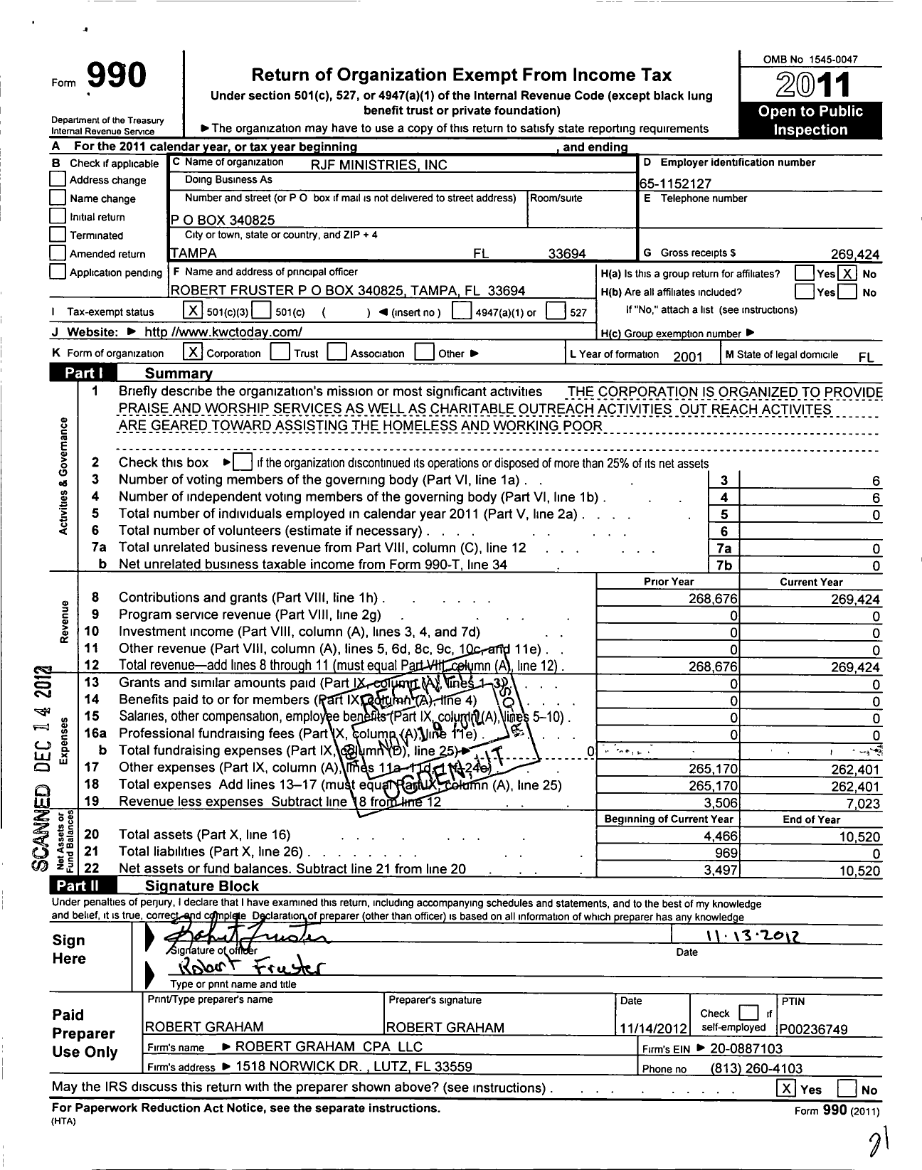 Image of first page of 2011 Form 990 for RJF Ministries