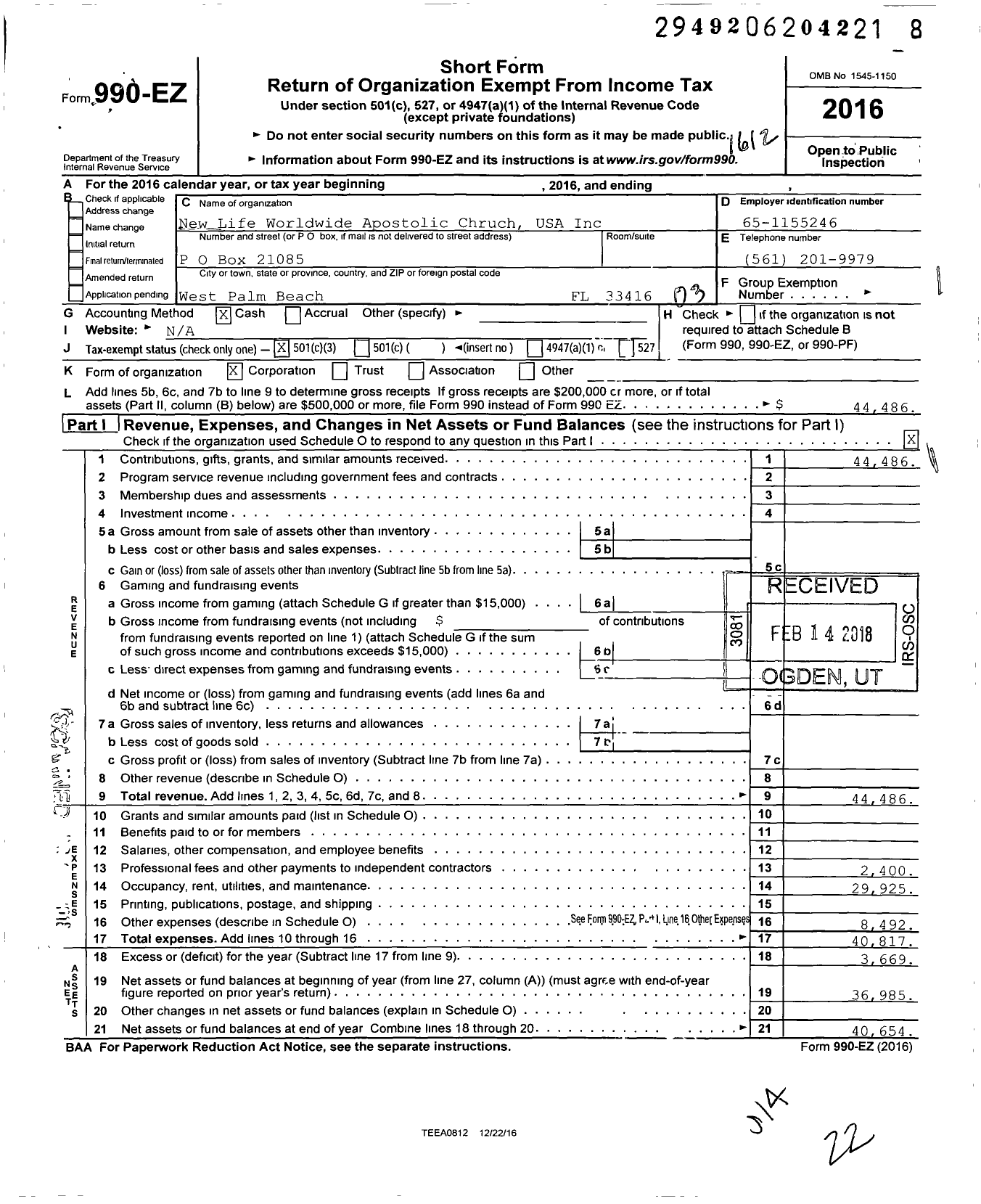 Image of first page of 2016 Form 990EZ for New Life Worldwide Apostolic Chruch USA