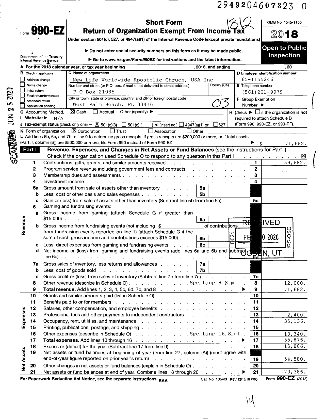 Image of first page of 2018 Form 990EZ for New Life Worldwide Apostolic Chruch USA