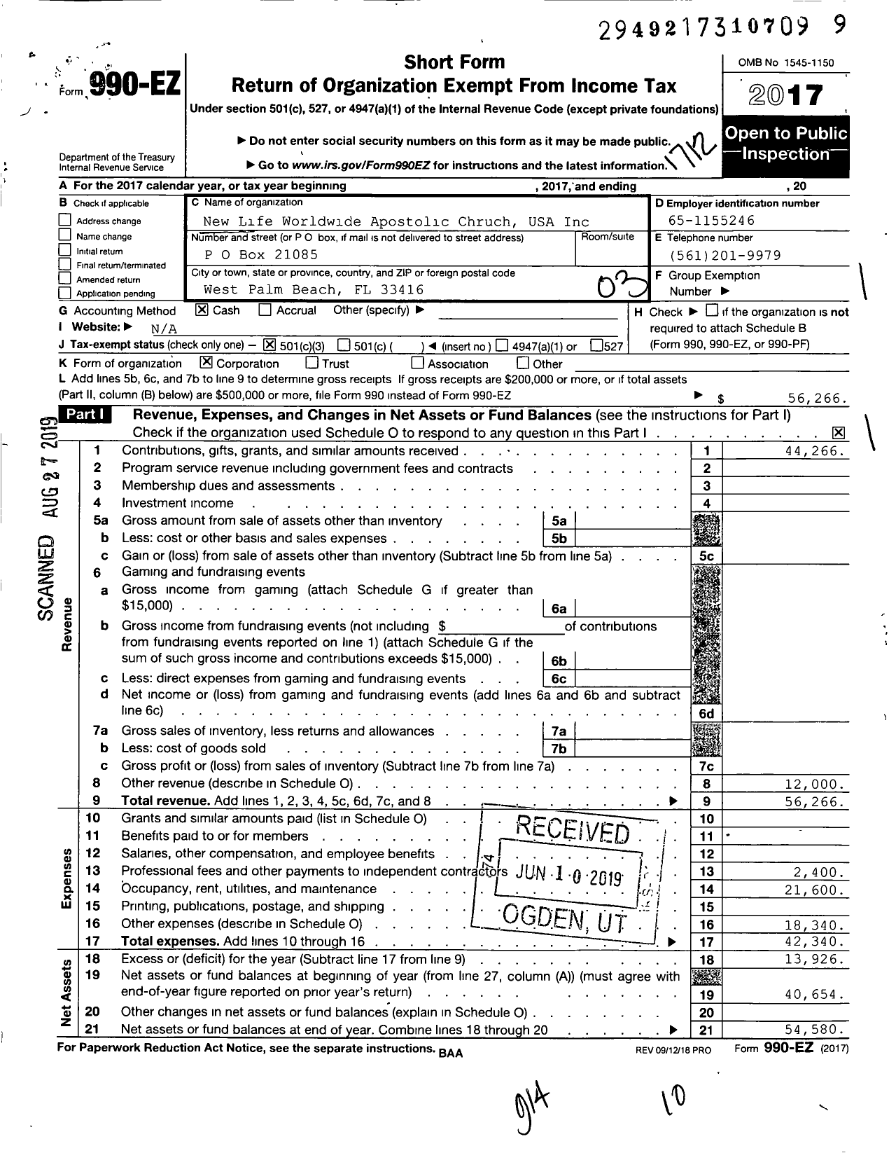 Image of first page of 2017 Form 990EZ for New Life Worldwide Apostolic Chruch USA