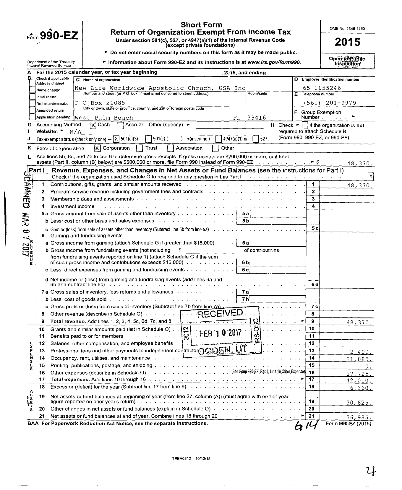 Image of first page of 2015 Form 990EZ for New Life Worldwide Apostolic Chruch USA