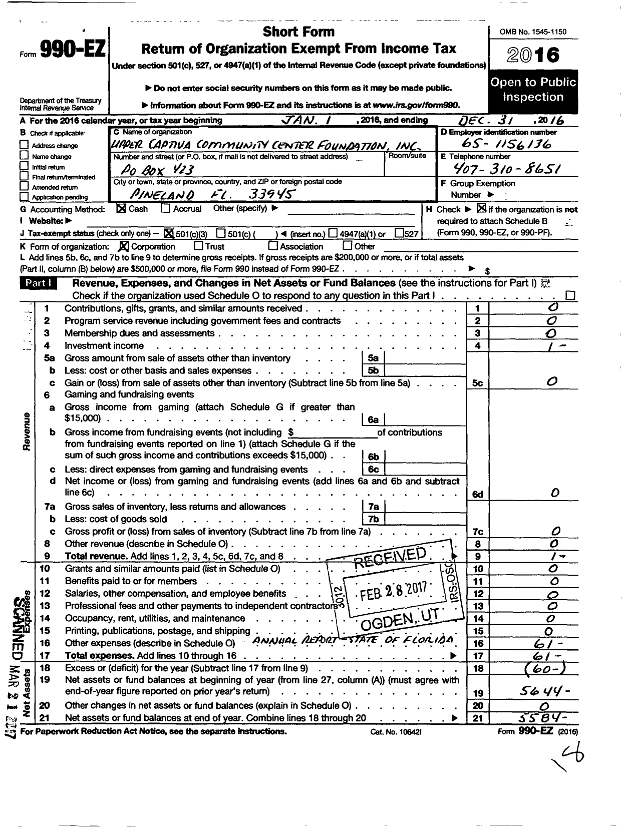 Image of first page of 2016 Form 990EZ for Upper Captiva Community Center Foundation