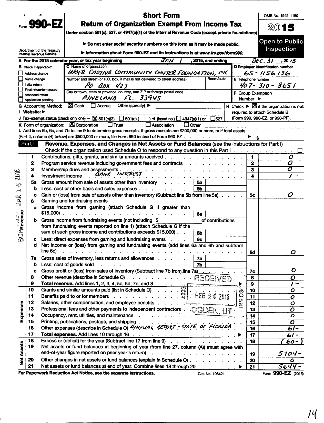 Image of first page of 2015 Form 990EZ for Upper Captiva Community Center Foundation