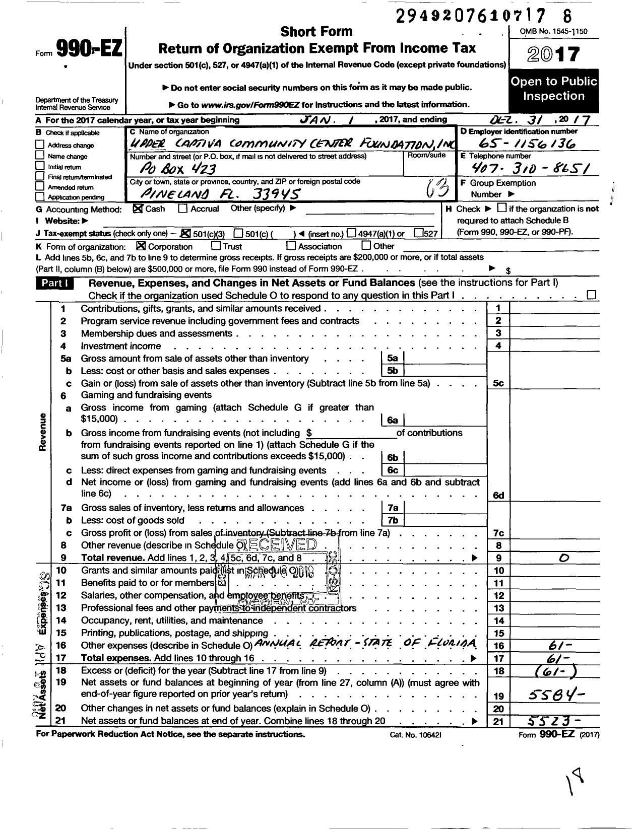 Image of first page of 2017 Form 990EZ for Upper Captiva Community Center Foundation