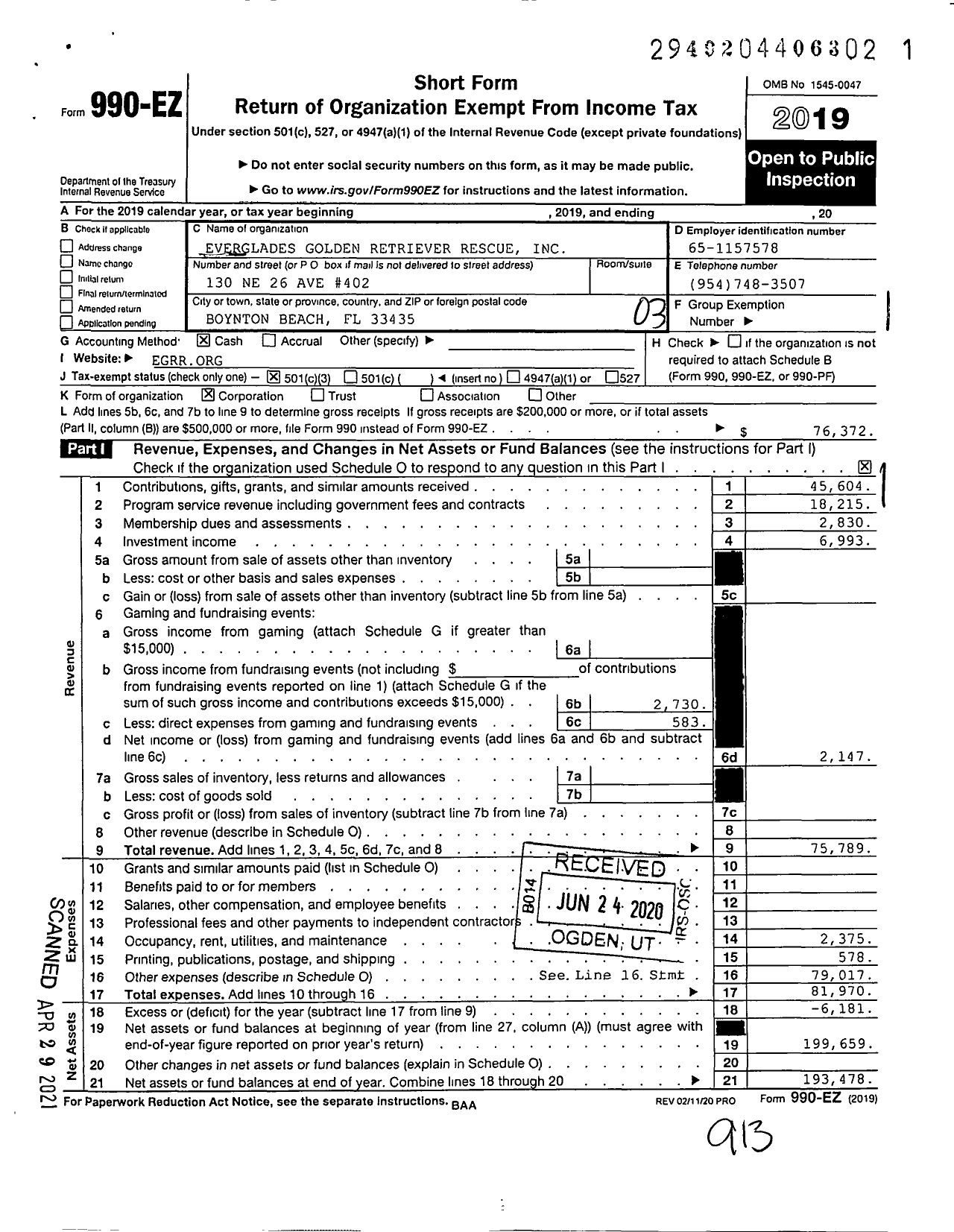 Image of first page of 2019 Form 990EZ for Everglades Golden Retriever Rescue