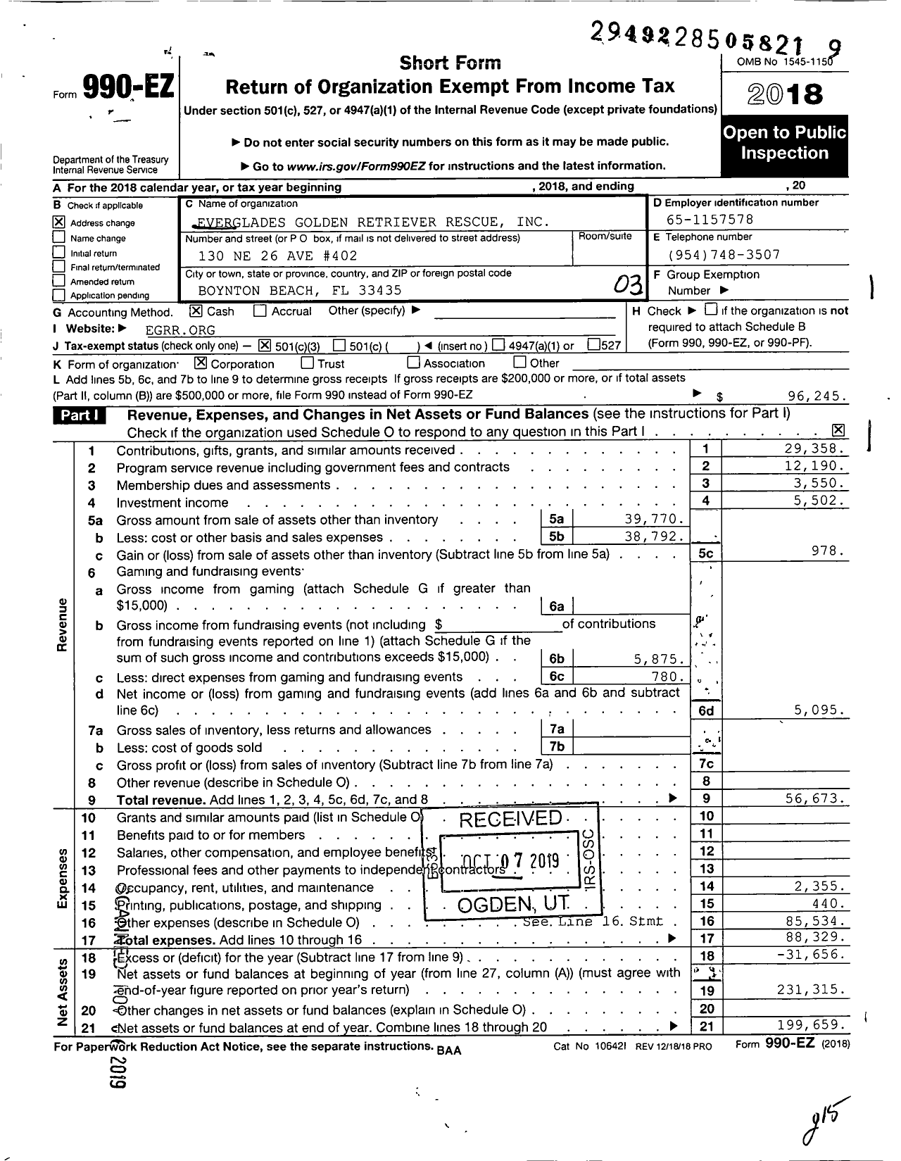 Image of first page of 2018 Form 990EZ for Everglades Golden Retriever Rescue