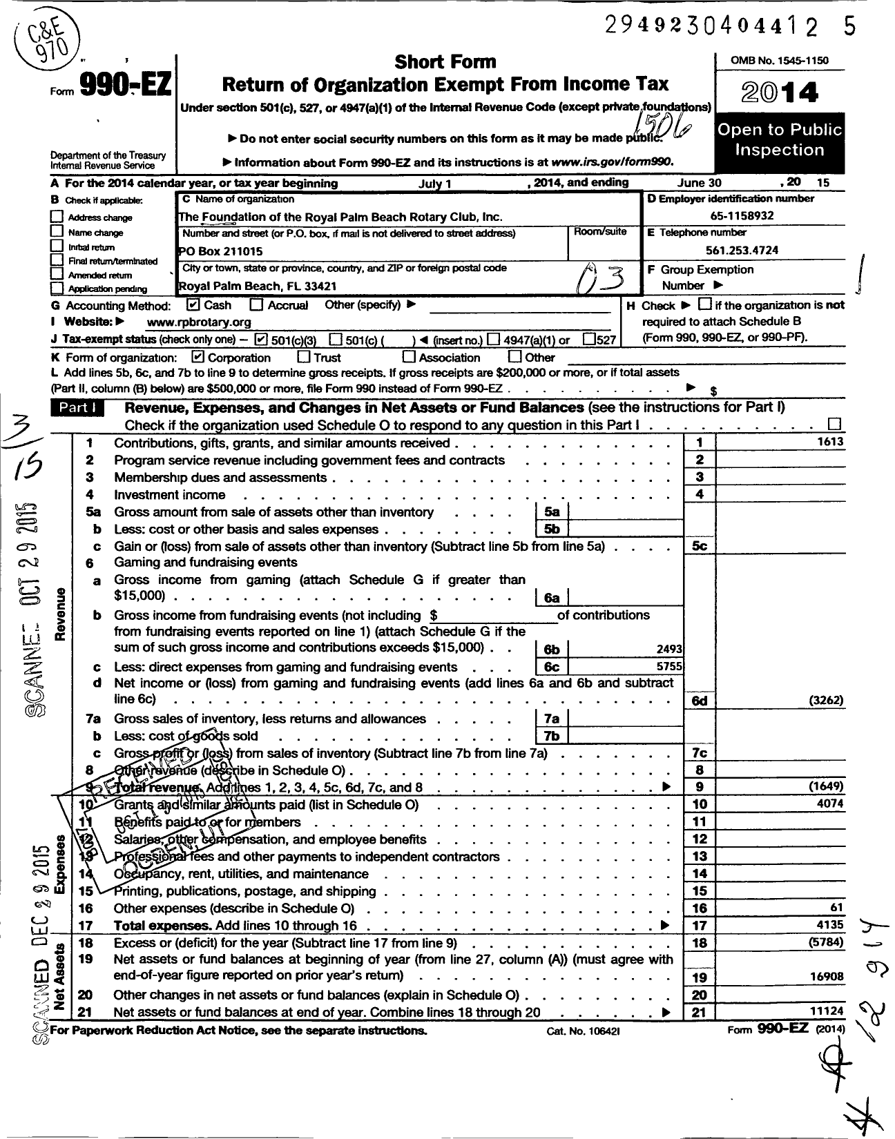 Image of first page of 2014 Form 990EZ for Foundation of the Royal Palm Beach Rotary Club