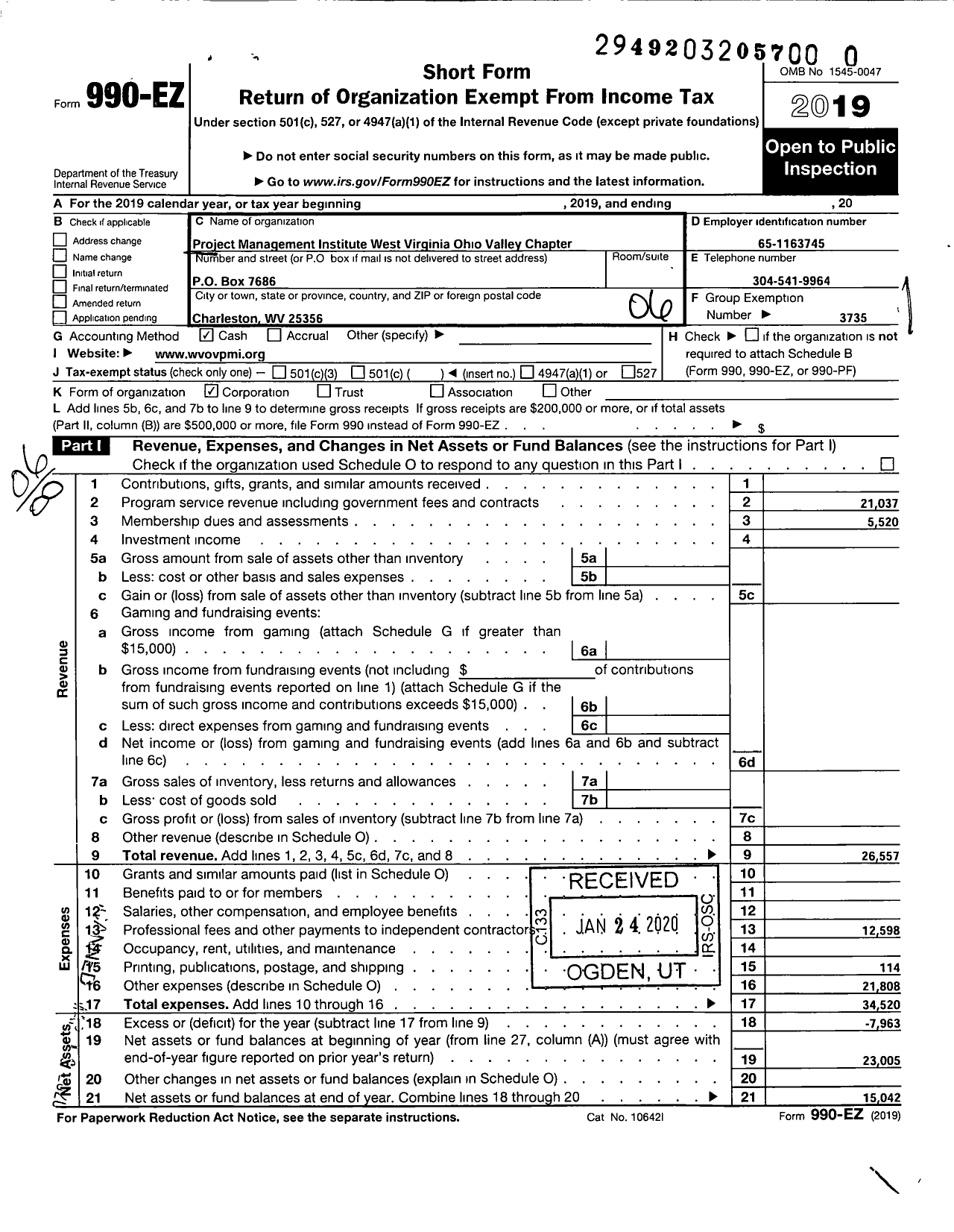 Image of first page of 2019 Form 990EO for Project Management Institute / West Virginia-Ohio Valley Chapter