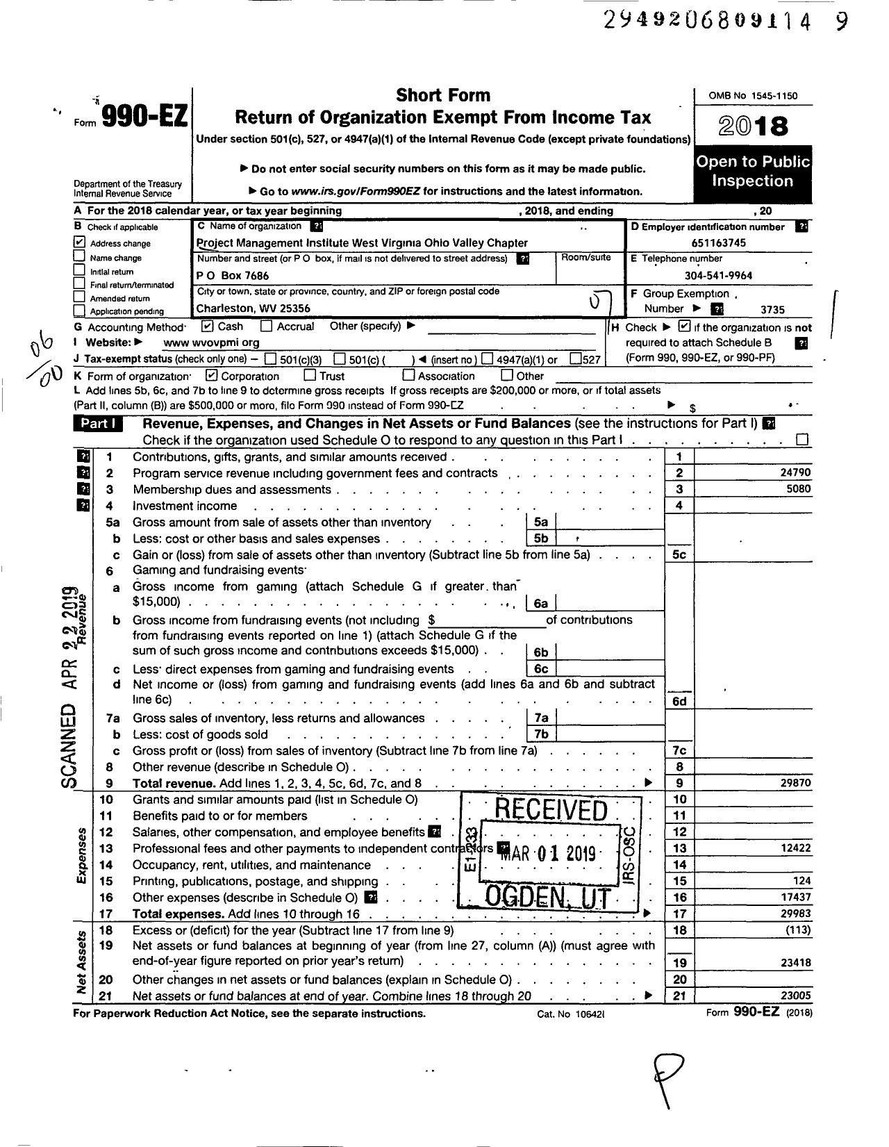 Image of first page of 2018 Form 990EO for Project Management Institute / West Virginia-Ohio Valley Chapter