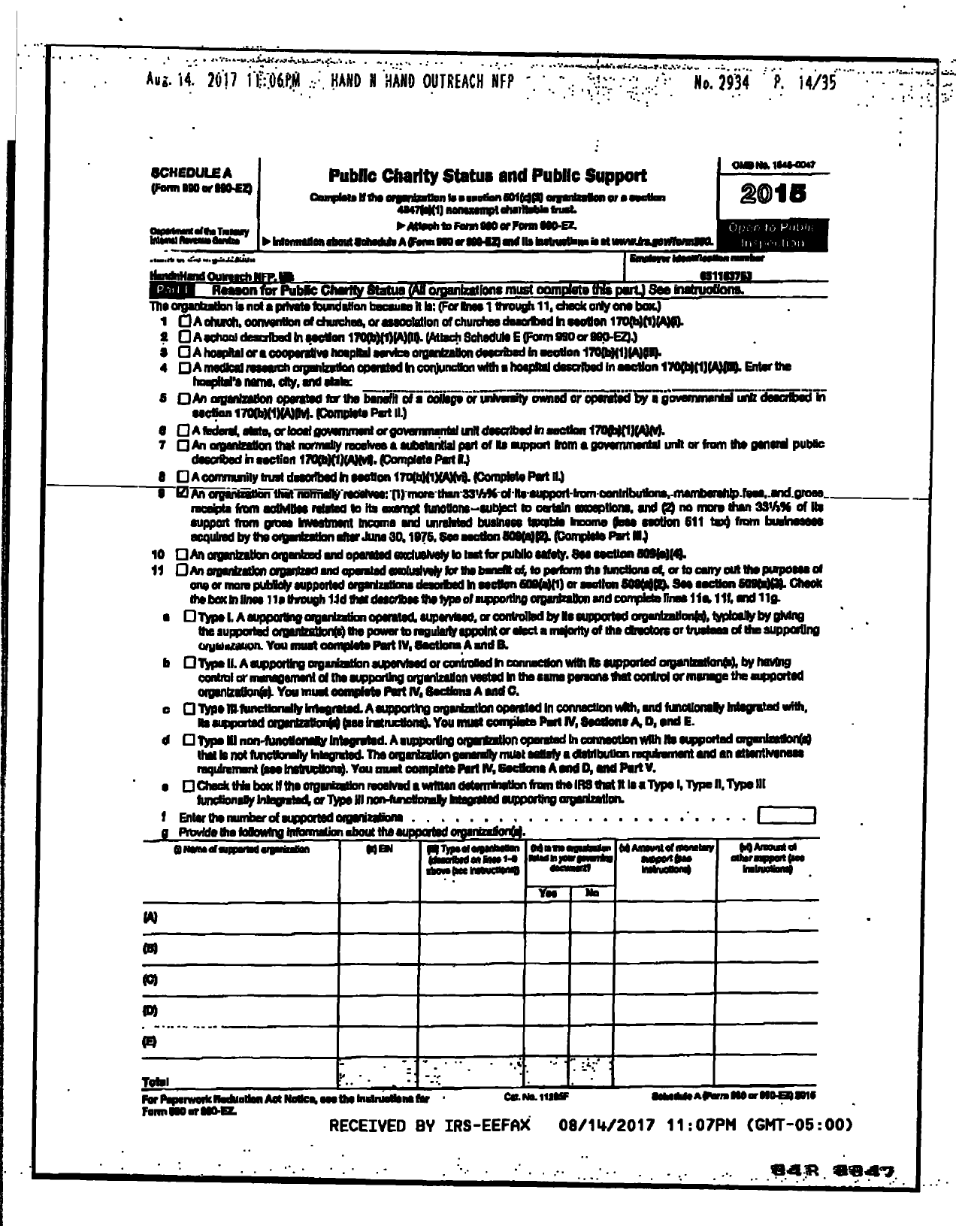 Image of first page of 2015 Form 990R for Hand N Hand Outreach NFP