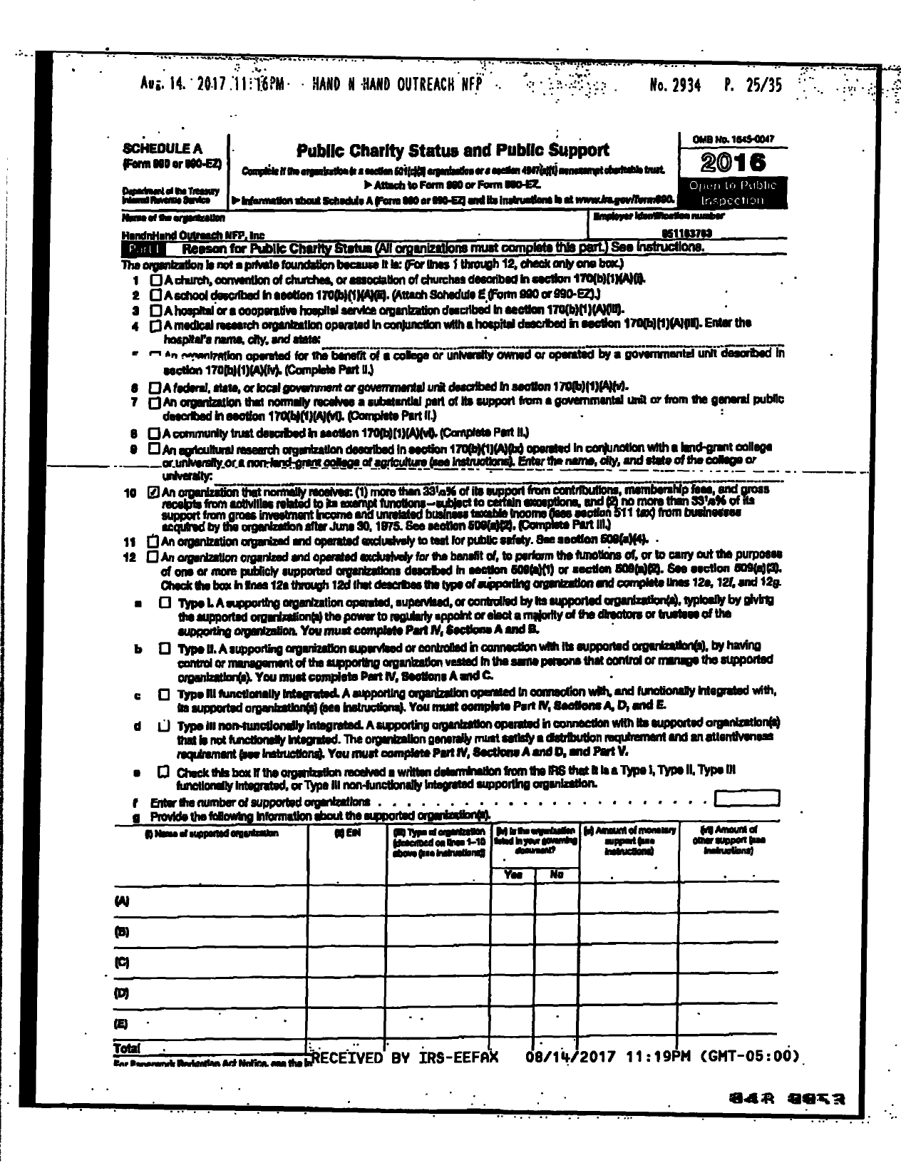 Image of first page of 2016 Form 990R for Hand N Hand Outreach NFP