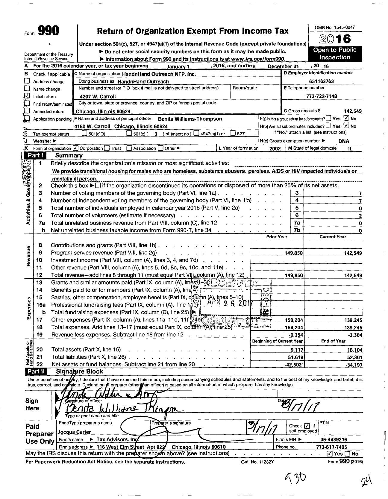 Image of first page of 2016 Form 990 for Hand N Hand Outreach NFP