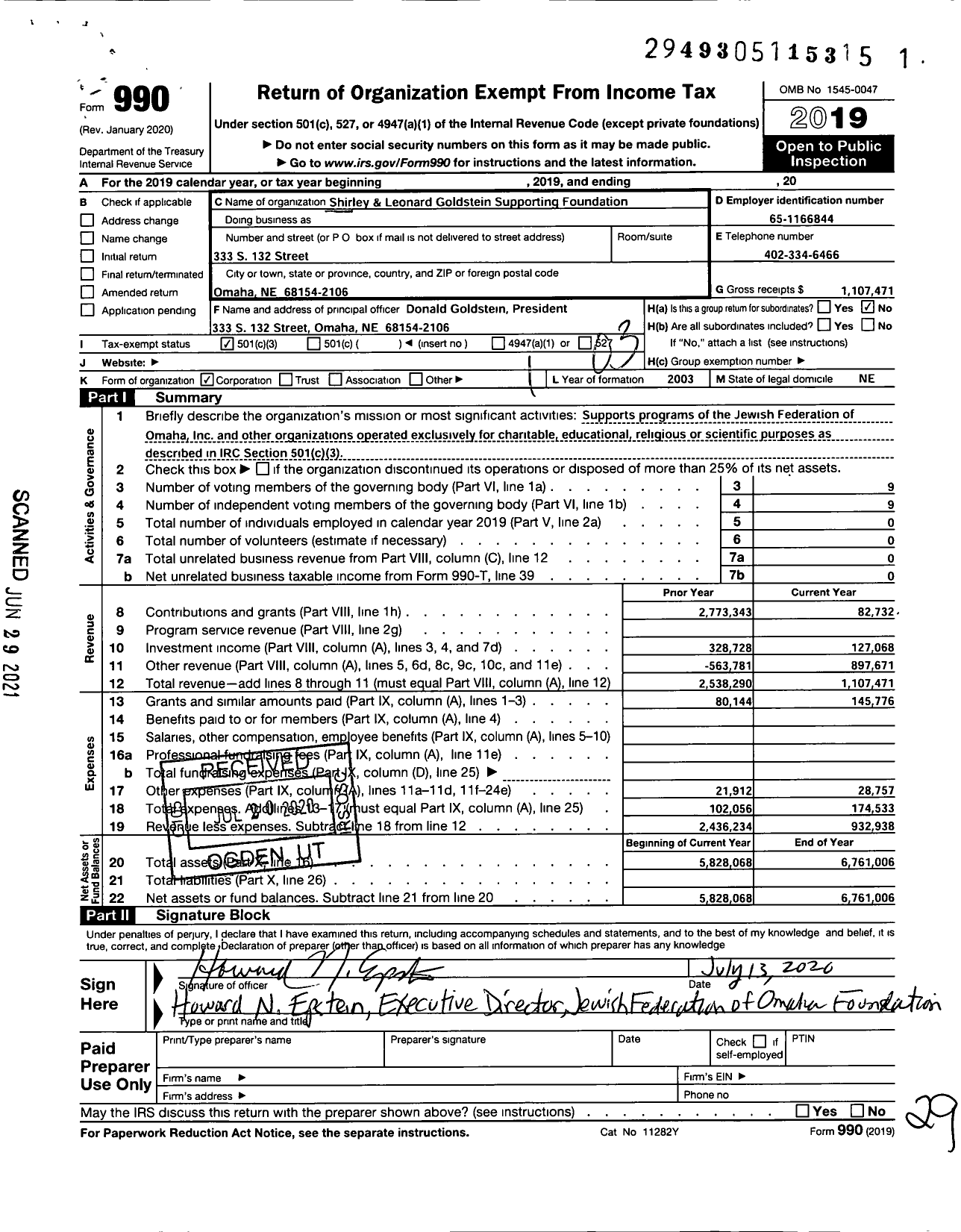 Image of first page of 2019 Form 990 for Shirley and Leonard Goldstein Supporting Foundation