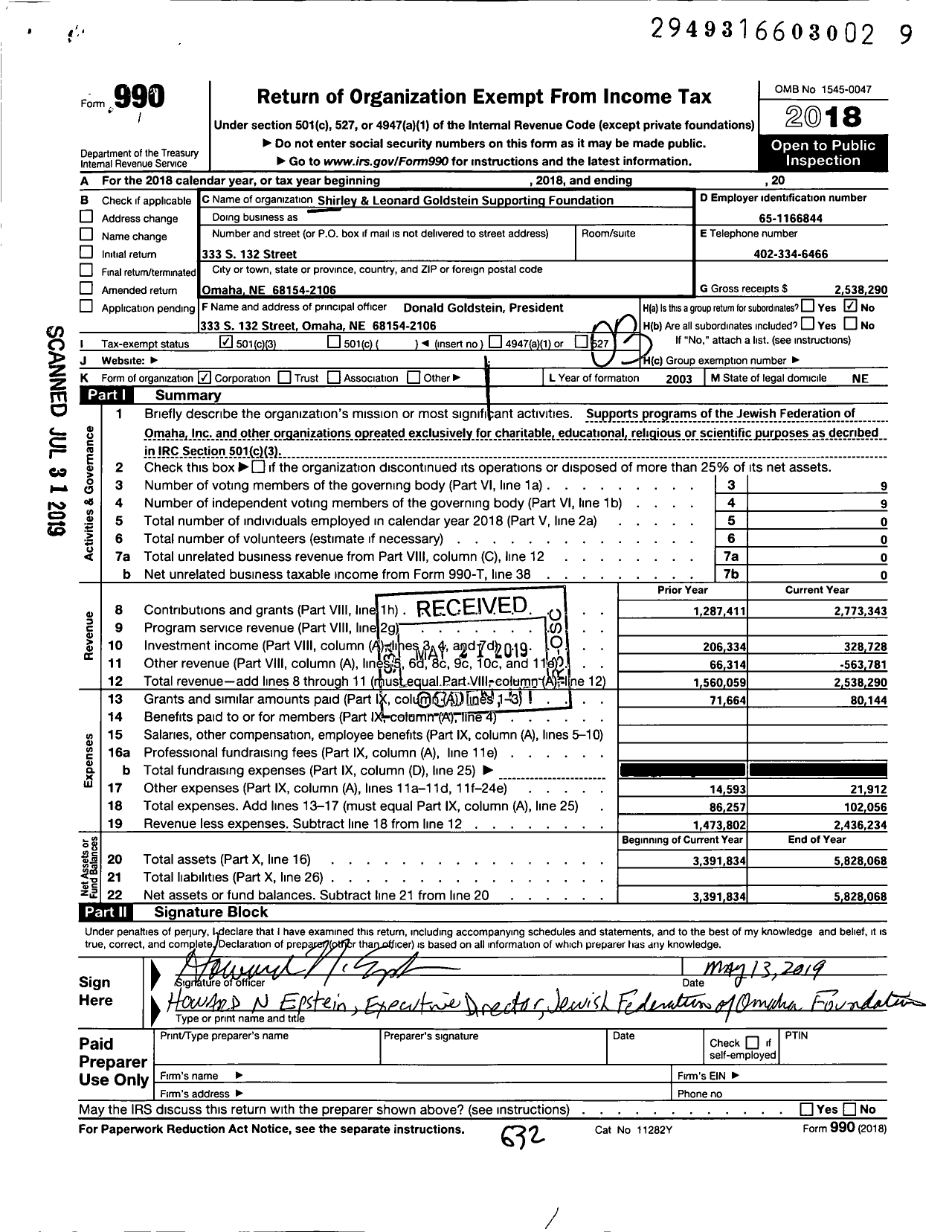 Image of first page of 2018 Form 990 for Shirley and Leonard Goldstein Supporting Foundation