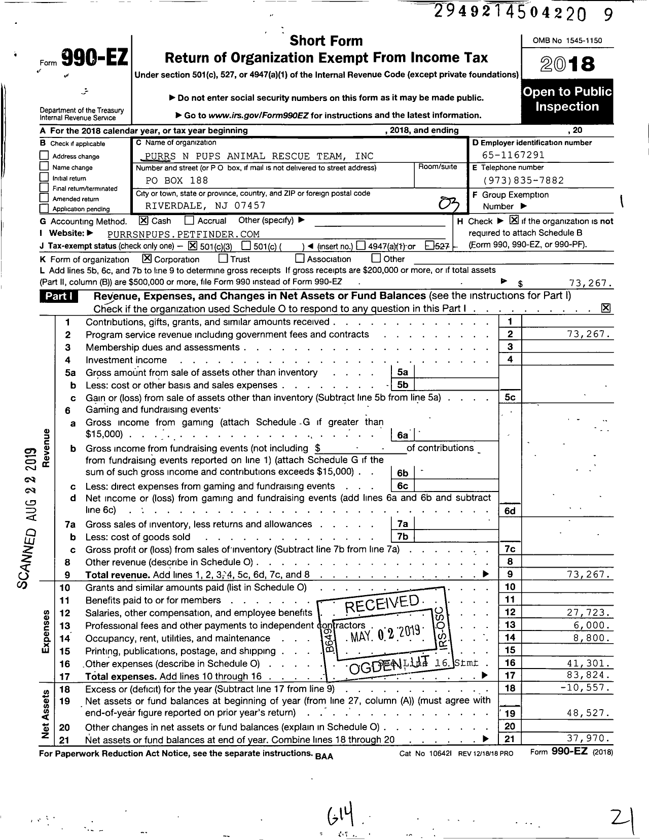 Image of first page of 2018 Form 990EZ for P-U-R-R-S N Pups Animal Rescue Team