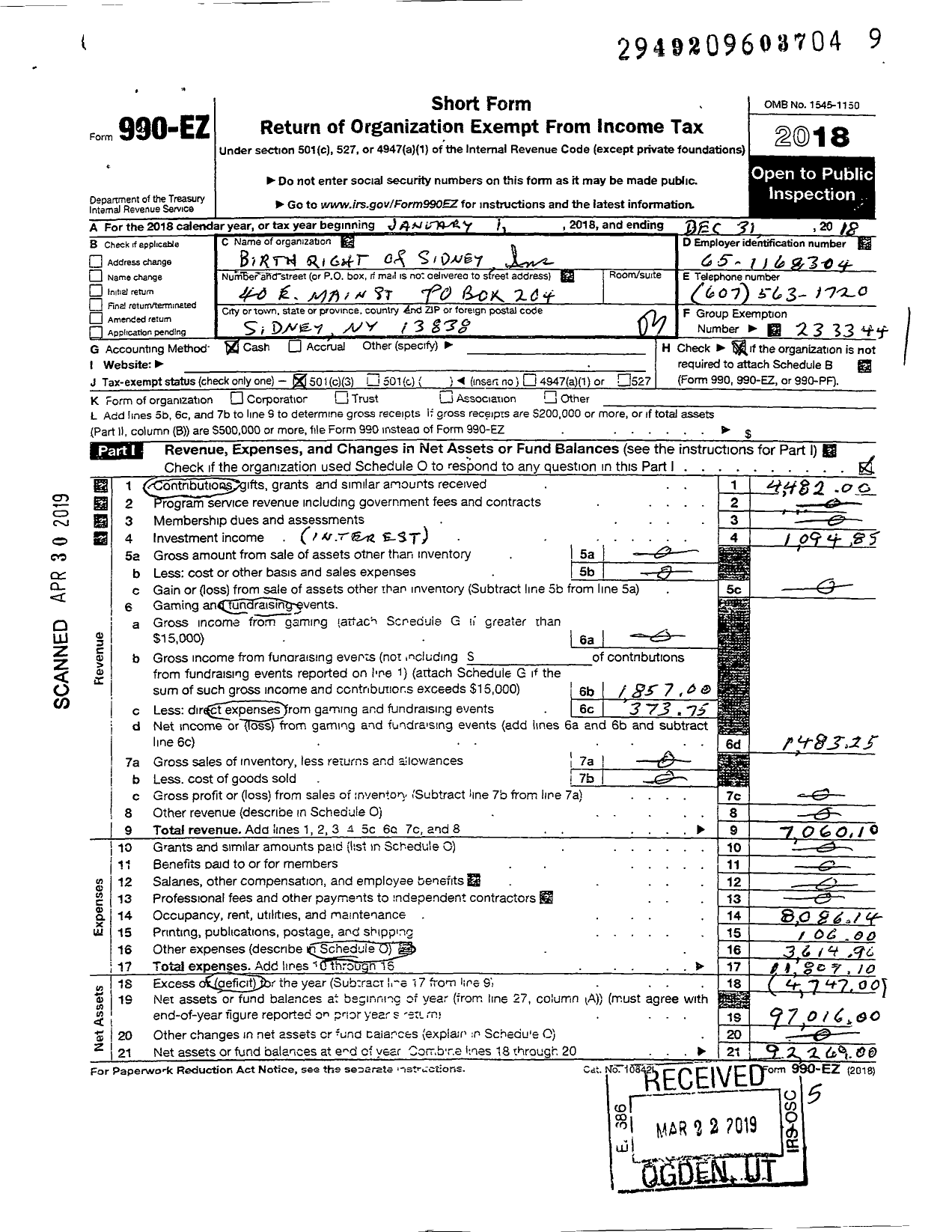 Image of first page of 2018 Form 990EZ for Birthright of Sidney Ny