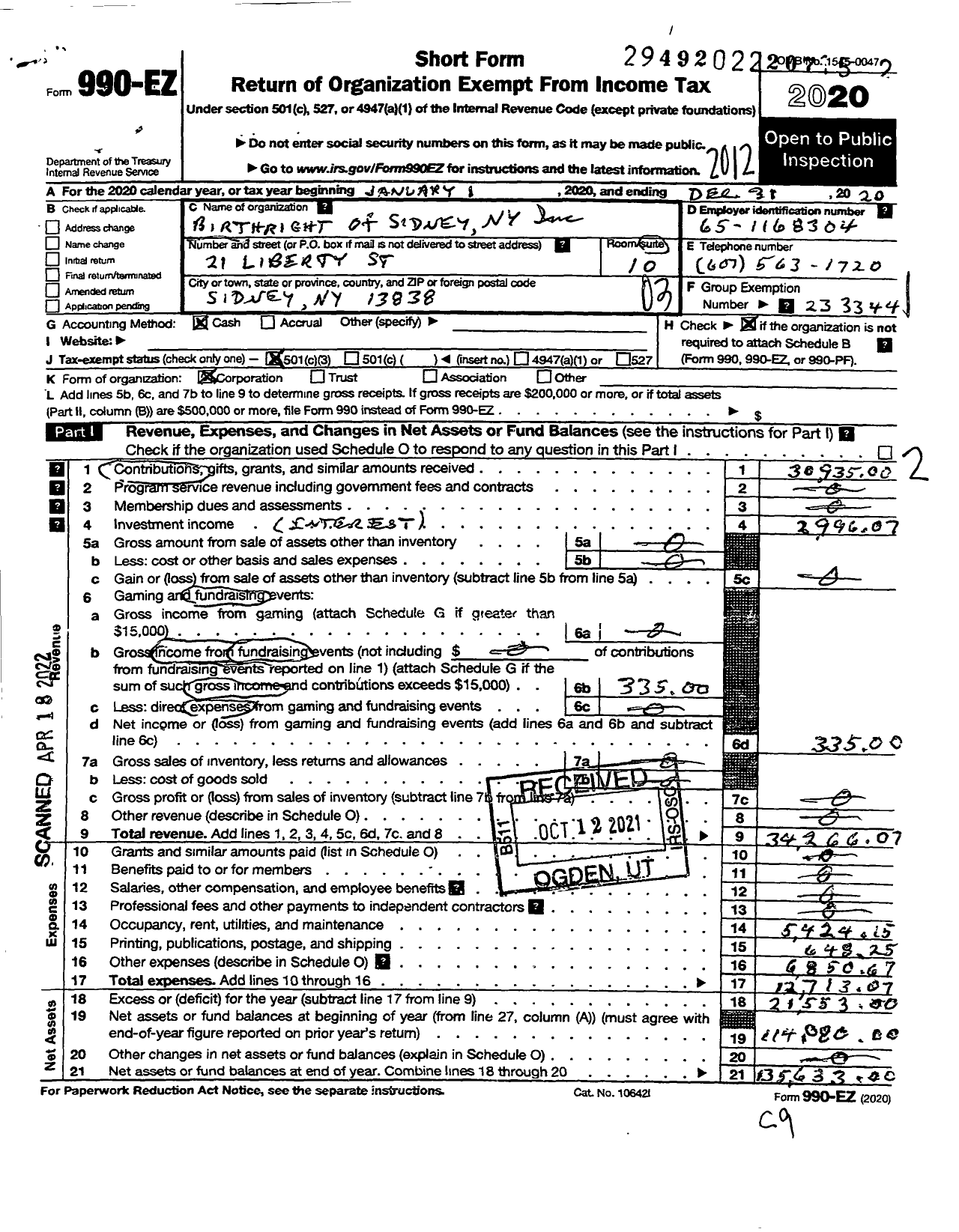 Image of first page of 2020 Form 990EZ for Birthright of Sidney Ny