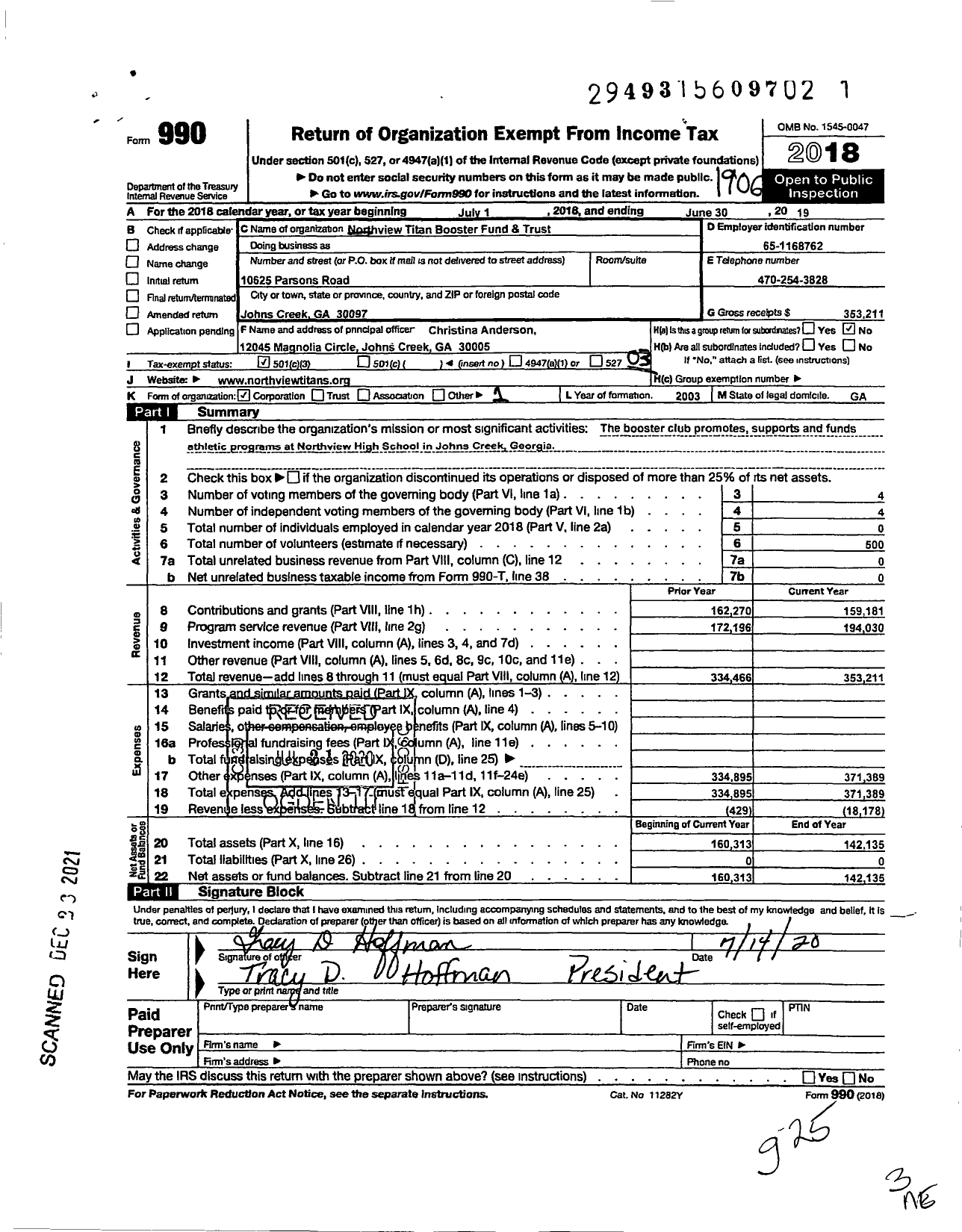 Image of first page of 2018 Form 990 for Northview Titan Booster Fund & Trust