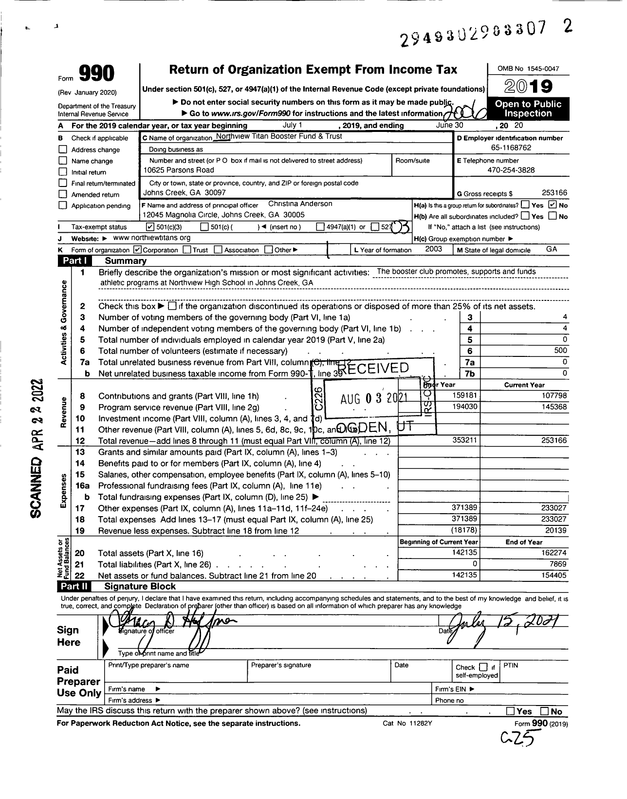 Image of first page of 2019 Form 990 for Northview Titan Booster Fund & Trust