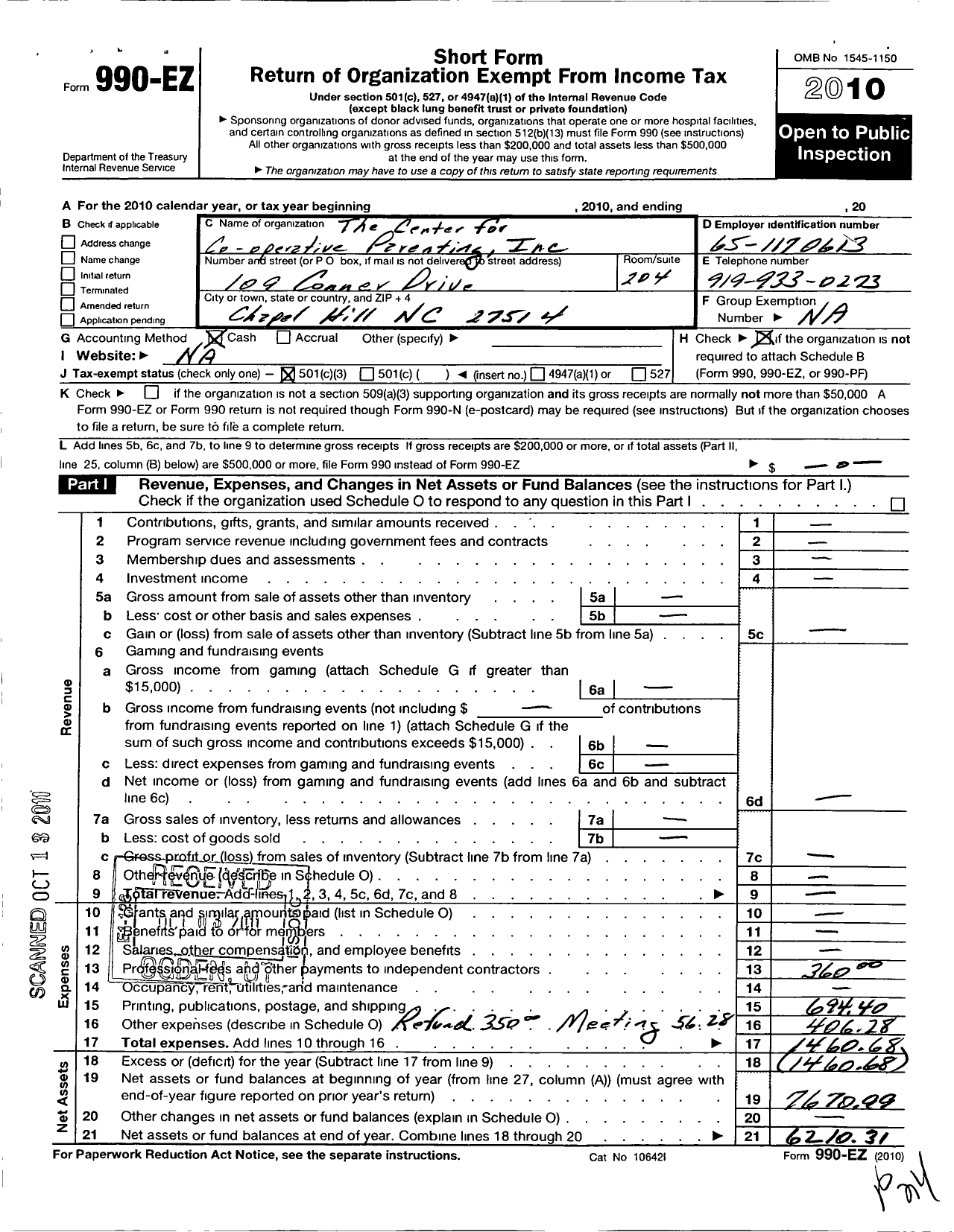 Image of first page of 2010 Form 990EZ for Center for Cooperative Parenting