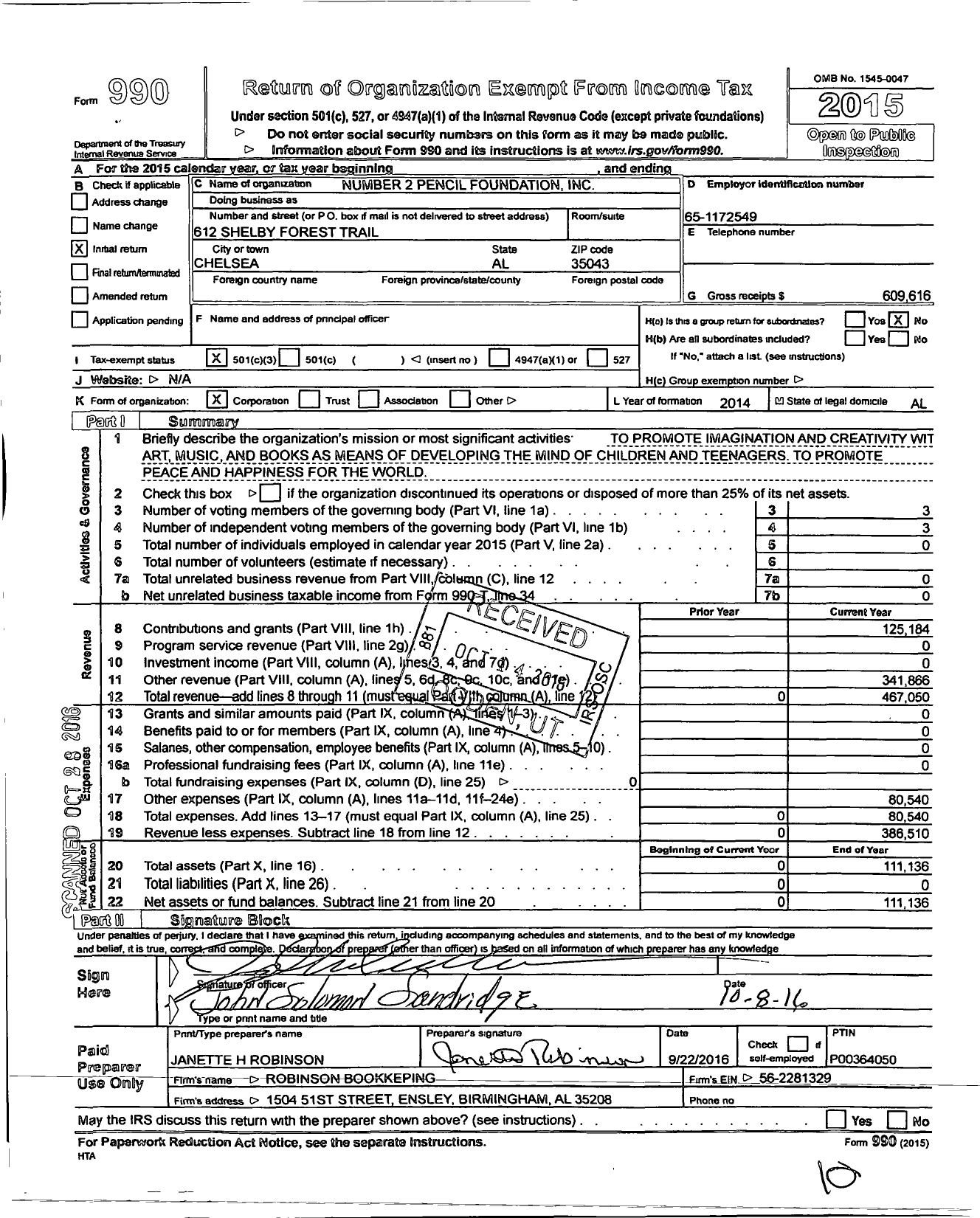 Image of first page of 2015 Form 990 for Number 2 Pencil Foundation