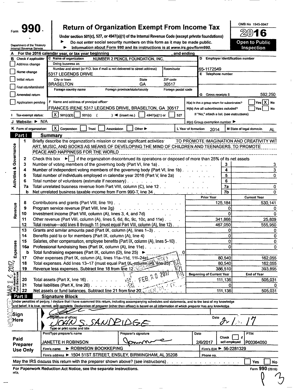 Image of first page of 2016 Form 990 for Number 2 Pencil Foundation