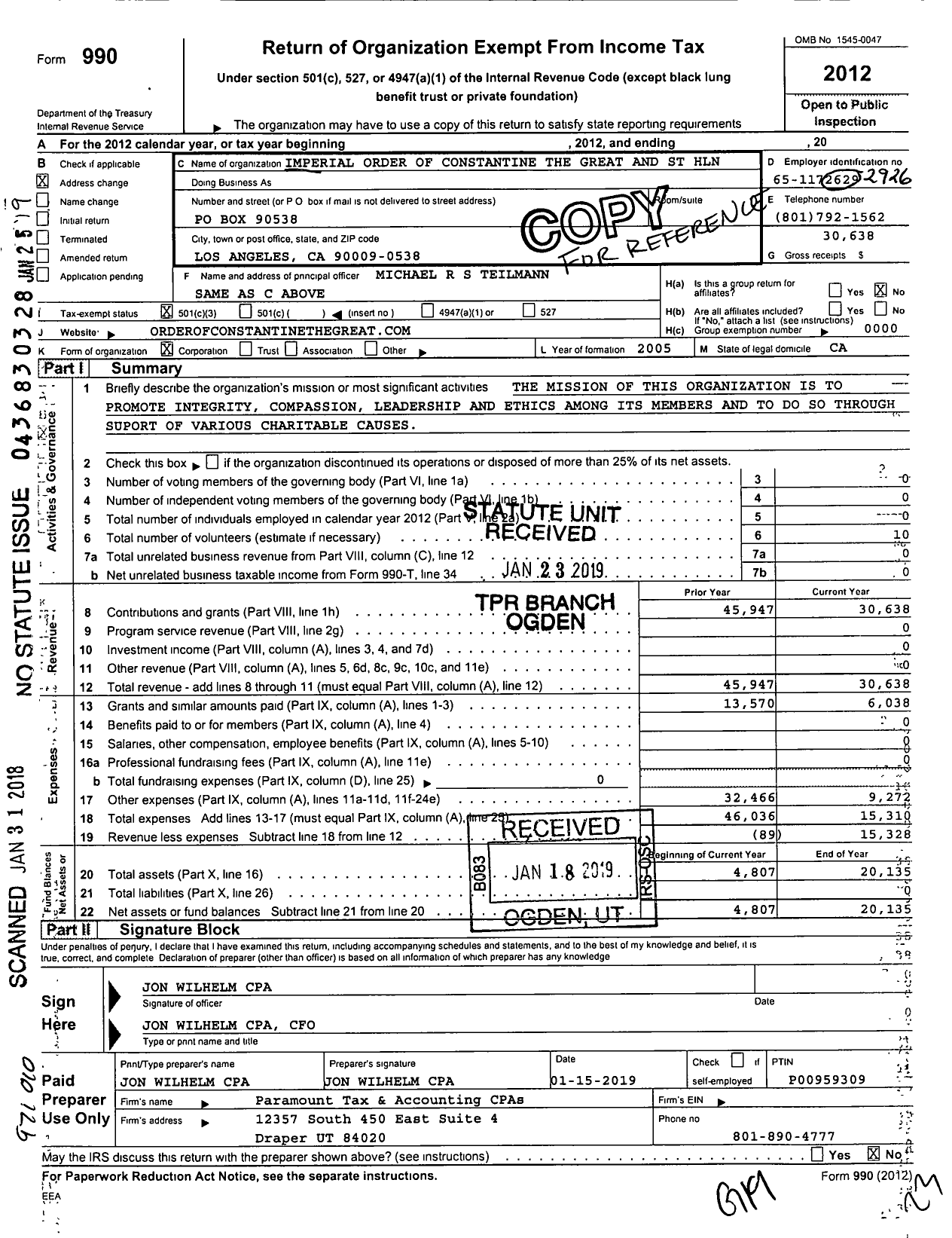 Image of first page of 2012 Form 990A for Royal Order of Constantine the Great and Saint Helen